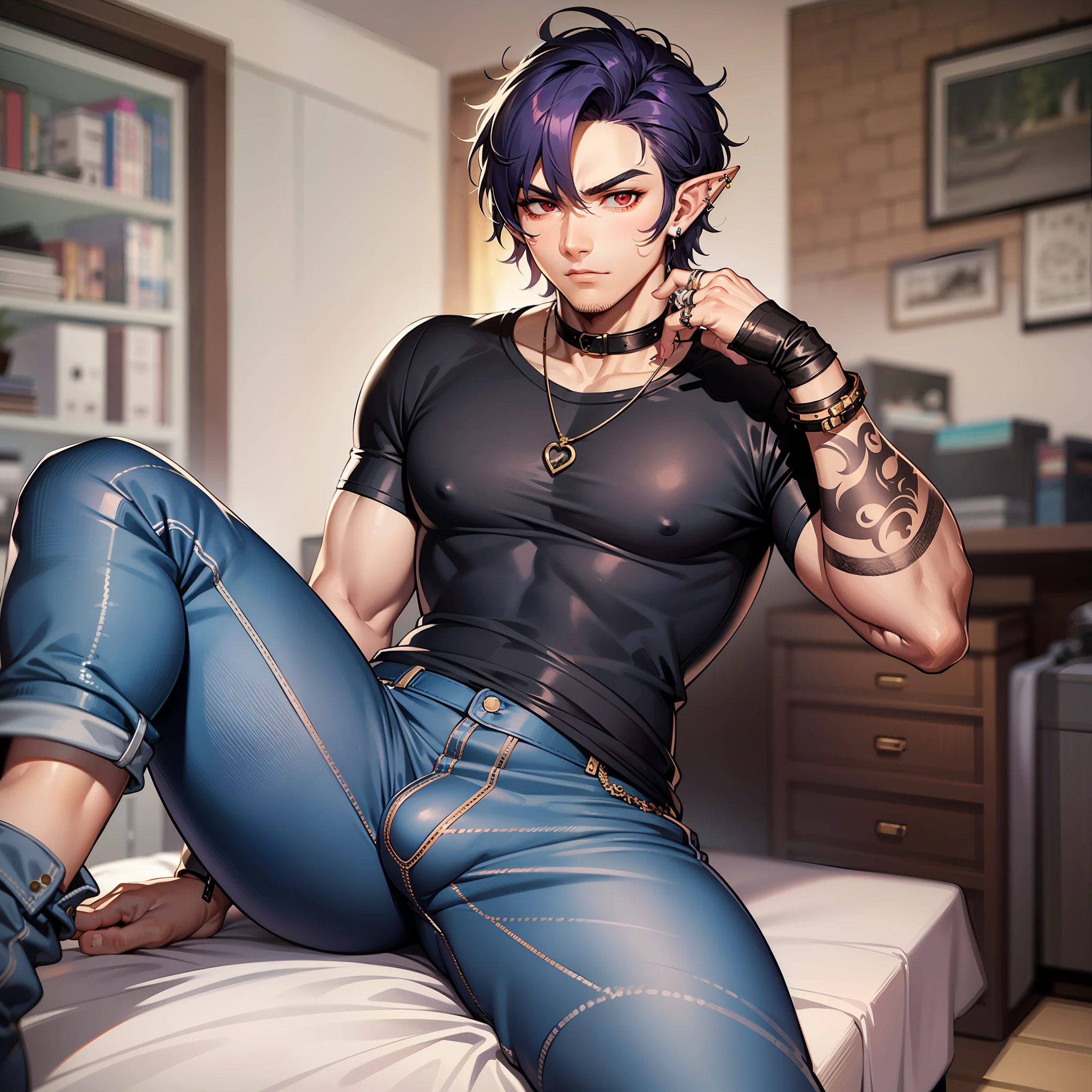 Handsome male, purple hair, short hair, wavy hair, detailed body, detailed hands, horns, expressionless, arrogant expression, red eyes, roman nose, almond eyes, baggy T-shirt, black shirt, blue denim jeans, cocky, nightfall, handsome, bushy brows, pointy ears, ear piercings, rings, good looking, tattoos, dark skin, brown skin, charming, good quality, long hair, huge bulge in pants, veiny arms and hands, black denim jeans, manly, sitting on bed