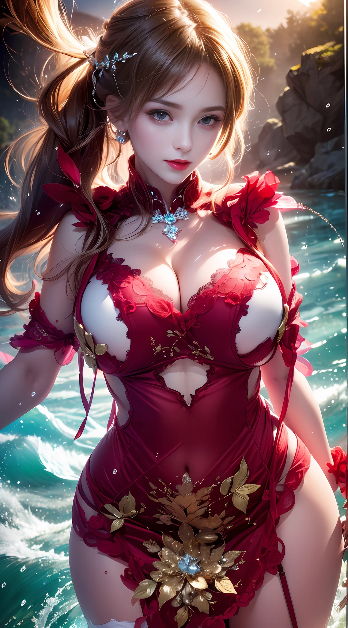 (Super realistic), (Blonde curly hair), Ponytail, (((Super boobs))), ((Plump body)), (Big breasts), ((Plump boobs)), ((( exposed)))( (Big buttocks)), (detailed description of hair), (detailed description of face), (detailed description of body), (white and translucent skin), peerless beauty, (extreme beauty), long legs, (((dark red lace Underwear))), ((stockings)), (ruby necklace), (gem earrings), (beauty mole), (mature royal sister), (red lips), (touch tits), (shy), (tempting smile), (face to viewer), (face to face), (summer), ((in the river)), ((stream)), waves, (wet clothes),daylight,sunlight,(puffy lips),
