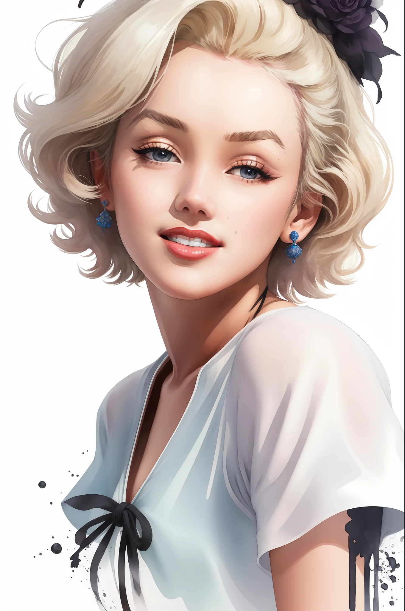 ((Marilyn Monroe stechu)),(white background:1.4), ((tachi-e)), original,(illustration:1.1),(best quality),(masterpiece:1.1),(extremely detailed CG unity 8k wallpaper:1.1), (colorful:0.9),(panorama shot:1.4),(solo:1.2), (ink splashing),(color splashing),((watercolor)), clear sharp focus,{ 1girl standing },((korean style )),flower background,outdoors,rocks, looking at viewer, make happy expressions,soft smile,pure,beautyfull detailed face and eyes,beautyfull intricacy clothing decorative pattern details, black hair,black eyes,colorwater