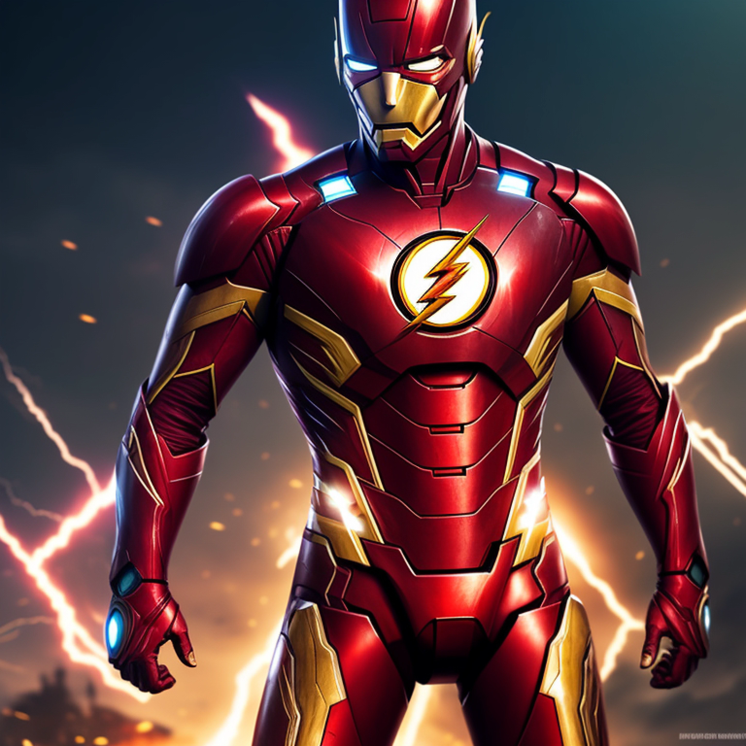 The Flash wears the Iron Man armor,Made of metal,droid,cyber punk style,((Complicated details)),hdr,((Complicated details,ultra - detailed)),Cinema lenses,vignet --auto