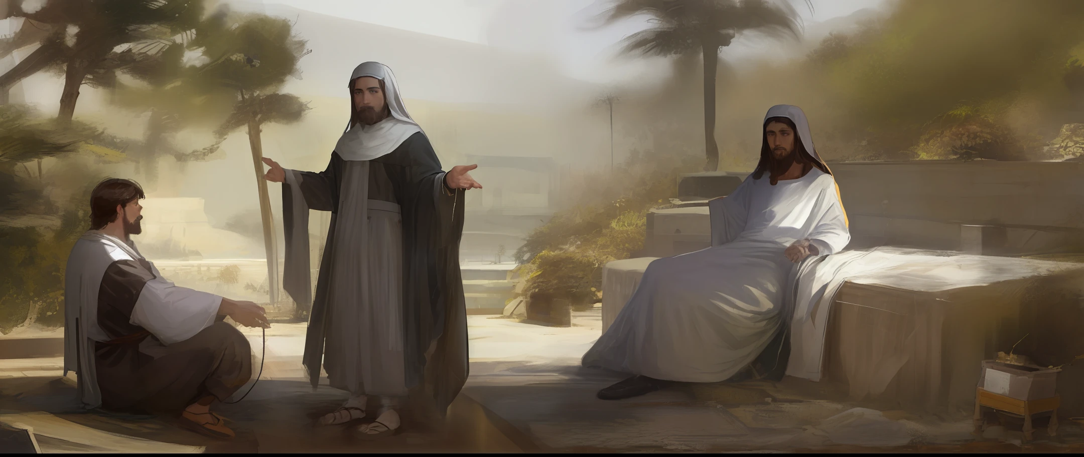Realistic image of Jesus Christ talking to the apostle Peter wearing the typical clothes of the time, ojos verdes