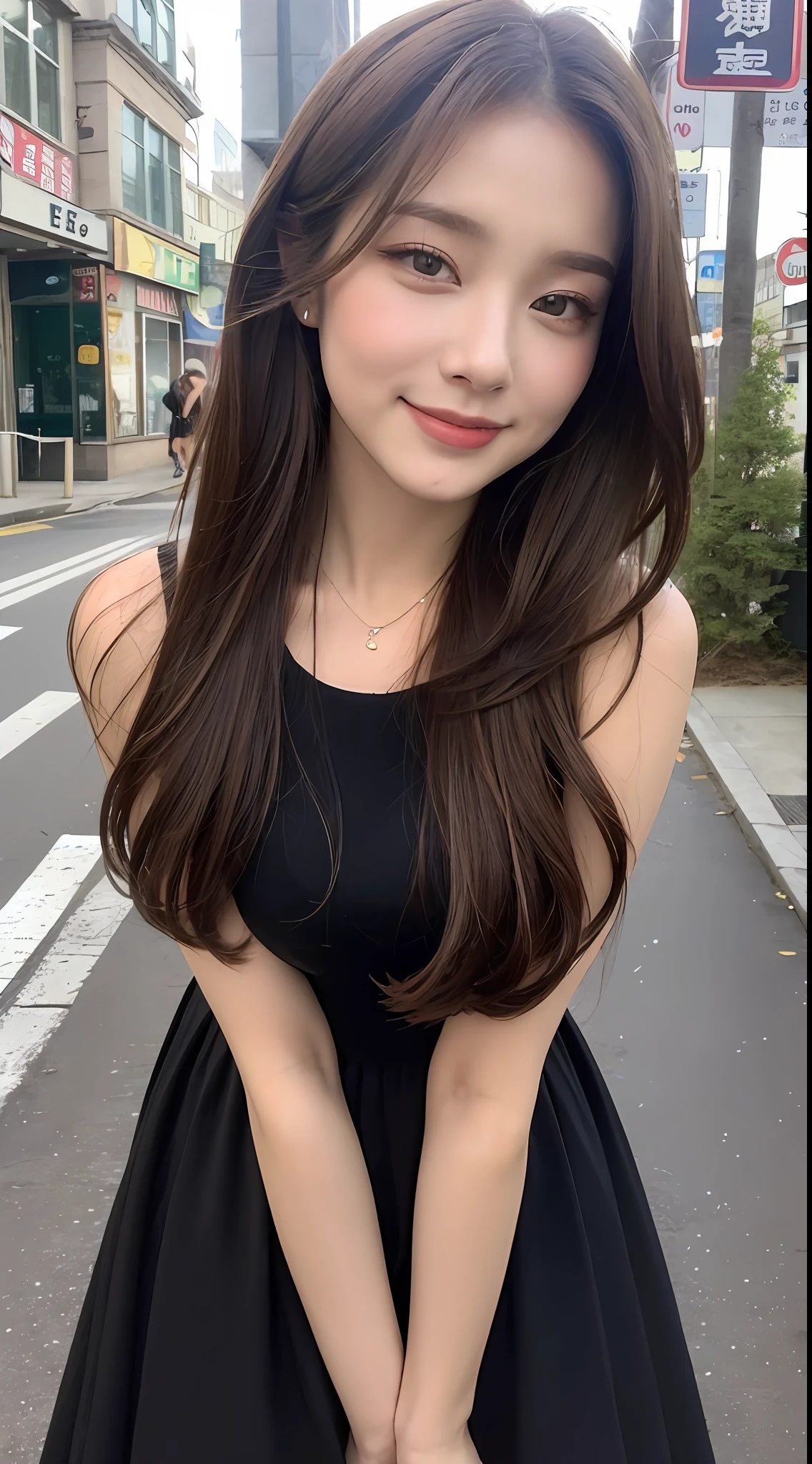 ((top-quality、8k、​masterpiece:1.3))、1girl in、a smile、full bodyesbian、Slim Faces、Pretty women、(dark brown  hair)、Full-length dresses:1.1、hyperdetailed face、A detailed eye、二重まぶた、blured background、Slim Faces、城市、takeout、a street、Beautiful shape