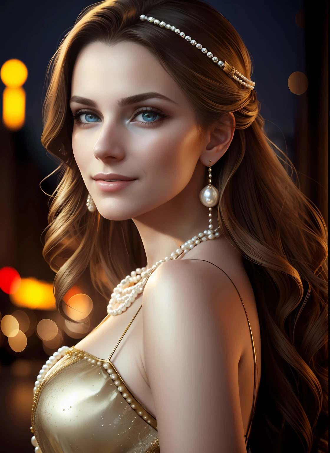 portrait photography, Beautiful young woman in sheer western dress, pearls, Expensive gold jewelry, blue eyes, Smiling, Benevolent face, Benevolent posture, visible through the hair, proper eye position, natural skin, back light, cinematiclight, bezel light, soft light, thights, at nighttime, city backdrop, Detailed colored background, intrikate, higly detailed, Octane rendering, HD, 8K, Annie Leibovitz