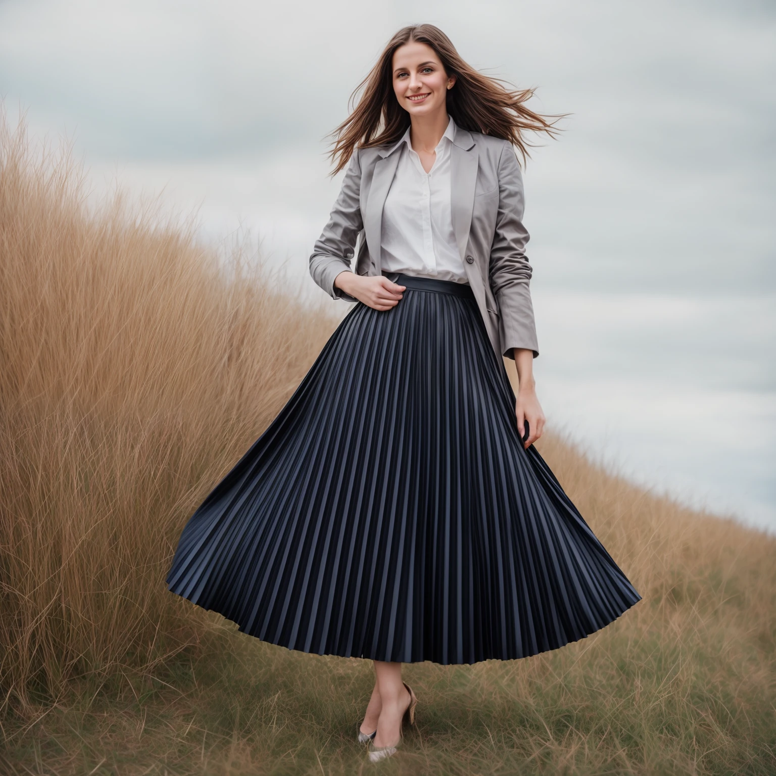 authentic (very shy:1,4 smiling) good woman wearing a short blazer with a very very detailed (long (fully pleated) full circle skirt) and (simple) low heeled office shoes, very very intricate hyper-detailed symmetric (attractive graceful young feminine face) with (sad, tired eyes and shy smile:1,1), full of empathy and compassion and love, (pronounced (feminine) features), (highly detailed ultra accurate realistic) hands and fingers, (windy conditions and wind blowing), epic composition, highly detailed attributes, highly detailed atmosphere, (35mm f1.4 Kodak portra 400 photograph), extremely high quality RAW photograph, intricate, Exquisite details and textures,
