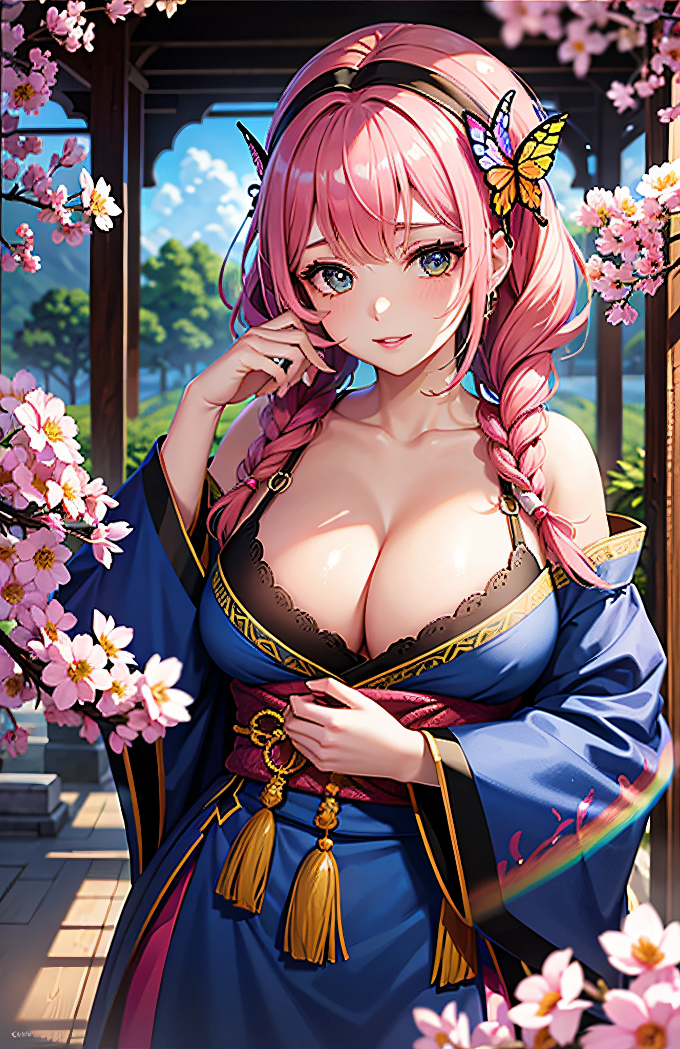 shukezouma, octane render, hdr, (hyperdetailed:1.15), (soft light, sharp:1.2), 1girl, beautiful girl, ultra detailed eyes, mature, plump, thick, rainbow painting drops, splat, splash, long colored hair, Ultra girls,Beautiful woman delicate texture kimono,huge tit,Bigchest(hair adornments,耳Nipple Ring,Floral hair ornaments,butterfly hair ornaments),exteriors,the cherry trees
