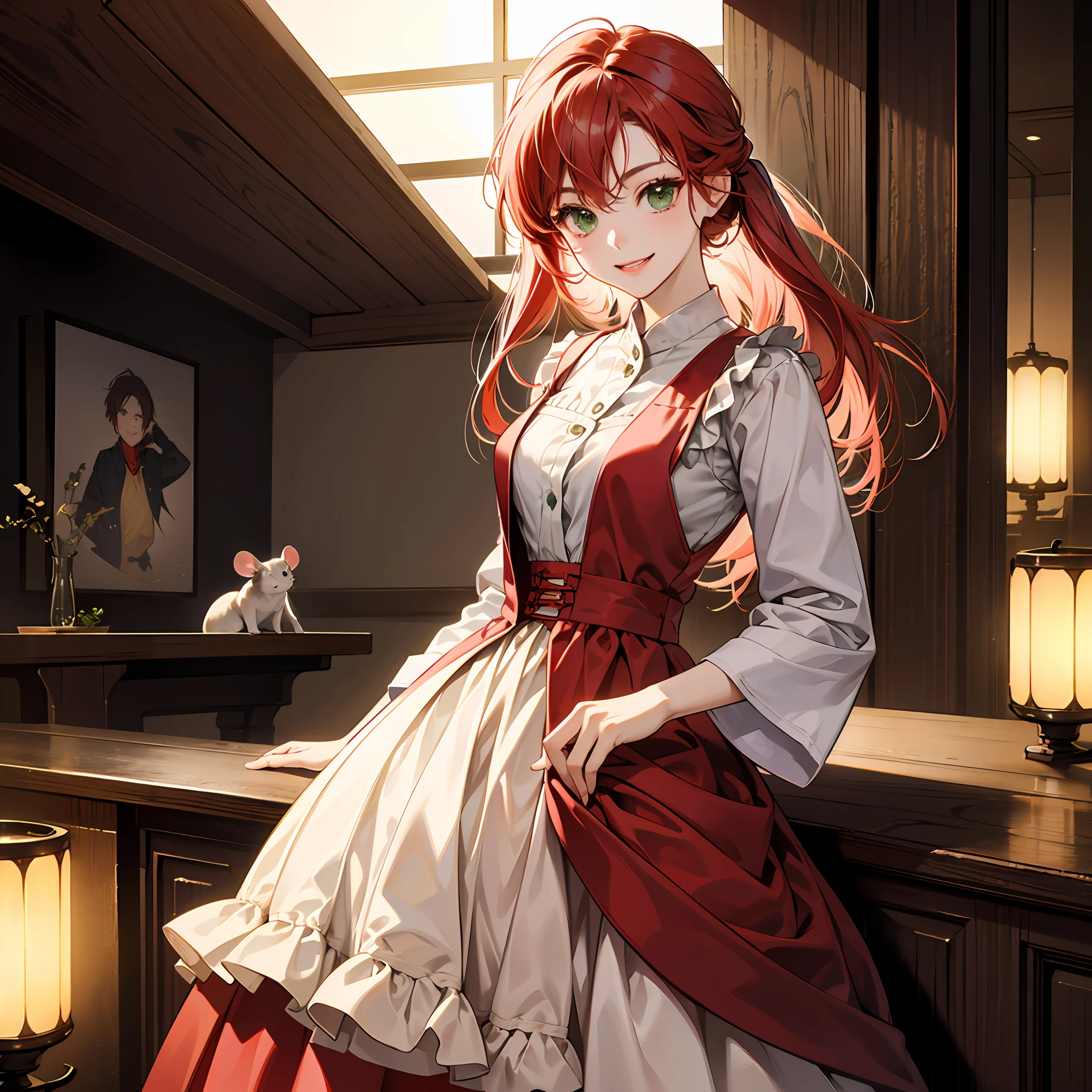 realisticlying、Beautie、1 adult woman、pale green eyes、Light red hair、Mouse-colored waistcoat、Long skirt、Smile --auto