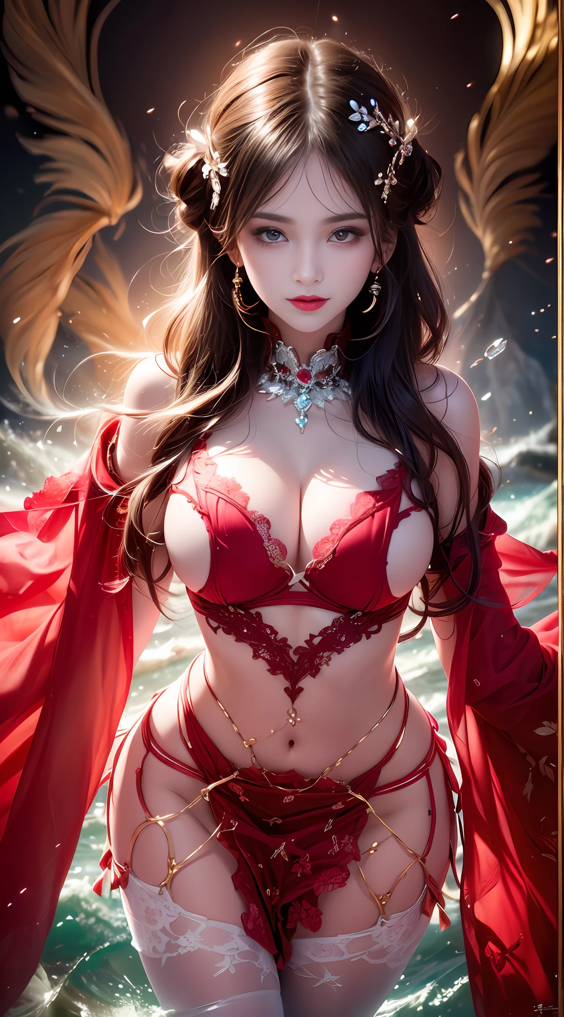 (Super realistic), (Blonde curly hair), Ponytail, (((Super boobs))), ((Plump body)), (Big breasts), ((Plump boobs)), ((( exposed)))( (Big buttocks)), (detailed description of hair), (detailed description of face), (detailed description of body), (white and translucent skin), peerless beauty, (extreme beauty), long legs, (((dark red lace Underwear))), ((stockings)), (ruby necklace), (gem earrings), (beauty mole), (mature royal sister), (red lips), (touch tits), (shy), (tempting smile), (face to viewer), (face to face), (summer), ((in the river)), ((stream)), waves, (wet clothes),daylight,sunlight,(puffy lips),