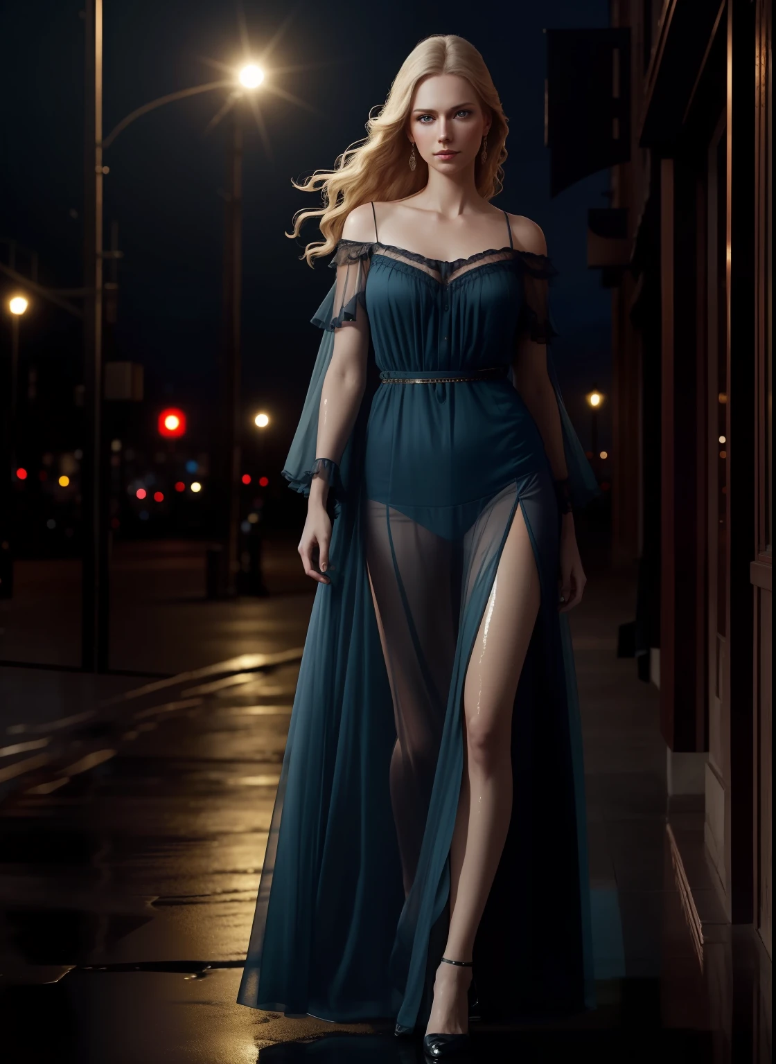 full body photographed, Beautiful young woman in sheer western dress, Sateen, Clothes are wet, blue eyes, Sad face, visible through the hair, proper eye position, natural skin, back light, cinematiclight, bezel light, soft light, thights, at nighttime, city backdrop, Detailed colored background, intrikate, higly detailed, Octane rendering, HD, 8K, Annie Leibovitz