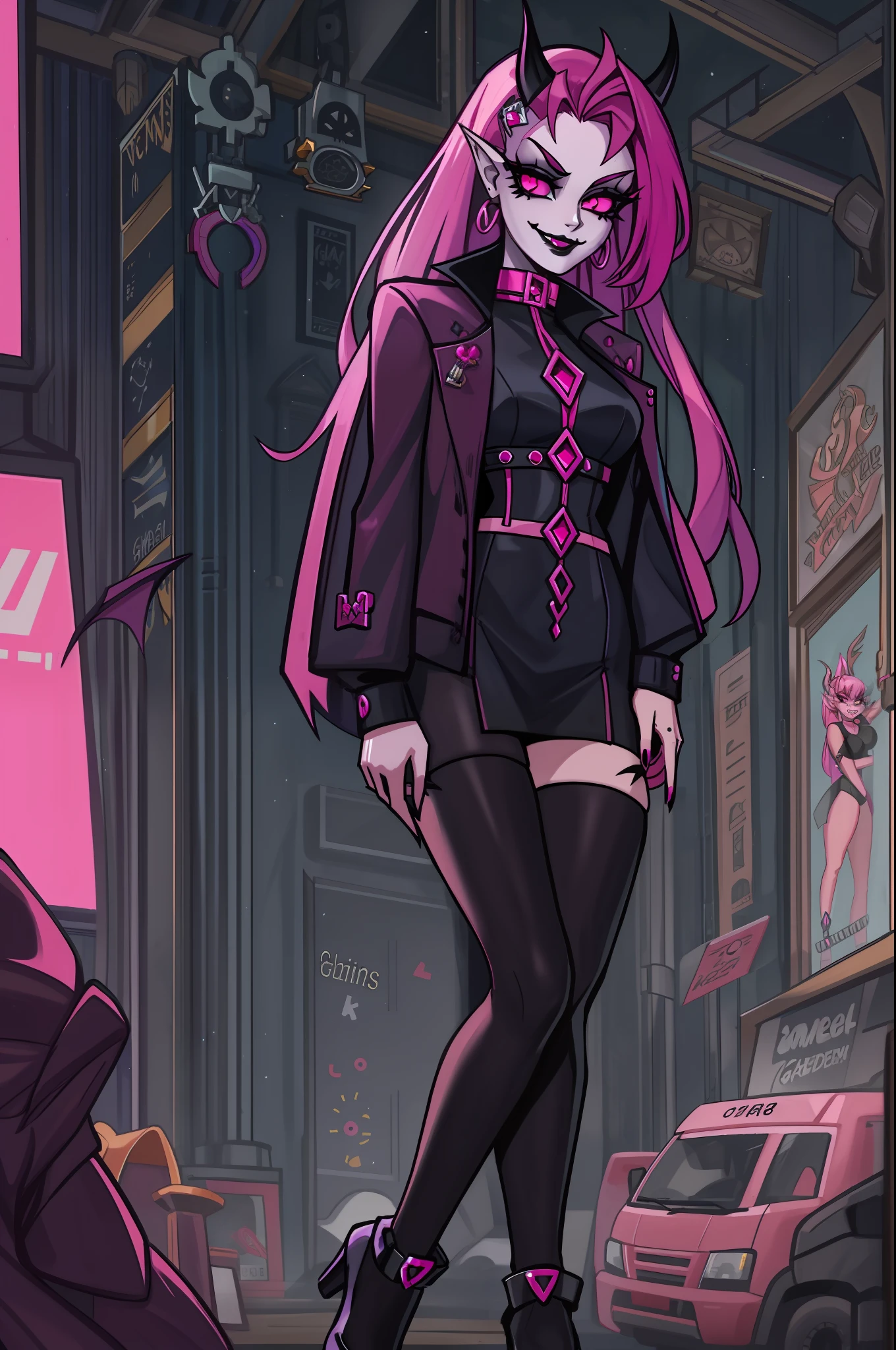 Giant goth girl with black lips, towering at 8 meters tall, gazes down at the tiny viewer in modern clothes. A young woman of 20 years old, she exudes confidence with a sly smile. She possesses a unique charm as a pink-skinned succubi.
