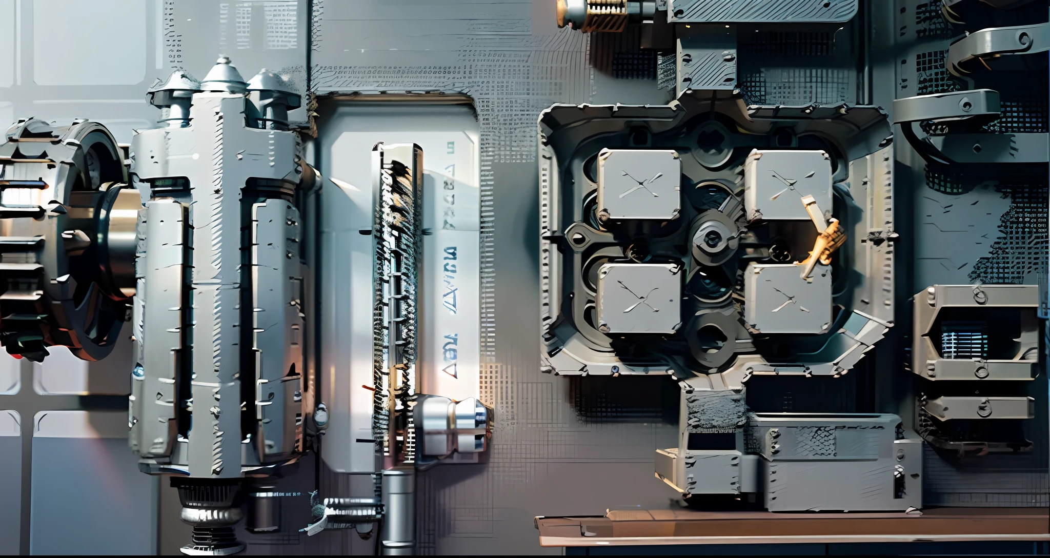 There is a machine sitting on the table, Mechanical details, mechanicalparts, intricate machine in space, greeble detail, Intricate mechanical details, sci - fi details, hard surface modeling, highly mechanical, mechanical - parts, machine parts, Realistic mechanical details, hard surface modeling, mechanicalparts, Intricate machinery, robotic mech parts, Advanced technology, Detailed mechanical parts