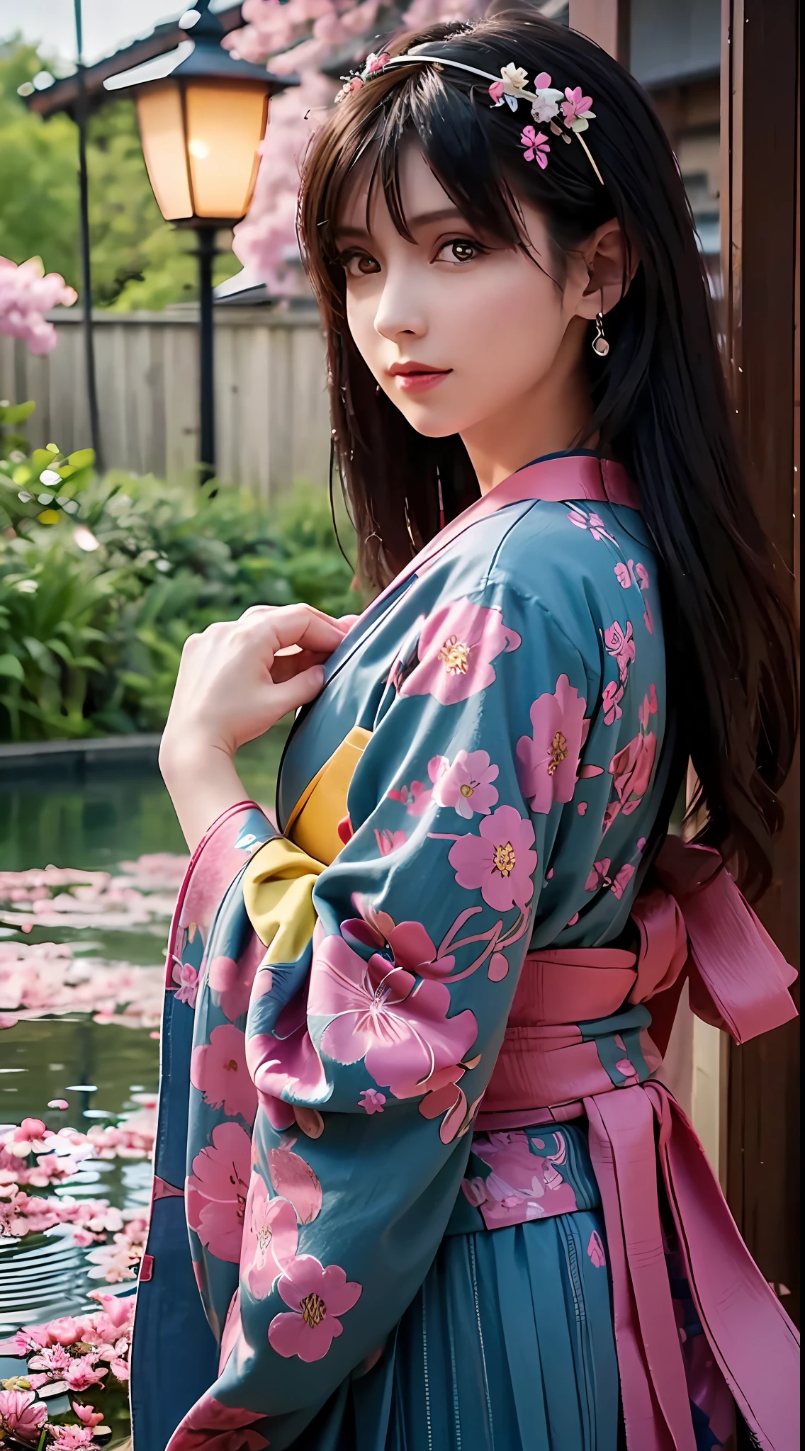 (Masterpiece, high resolution, illustration:1.3),half-body photo， Charming girl, closeup of face，(Flowing russet hair:1.2), Emerald green eyes, (Traditional samurai costume:1.1), Sakura themed kimono, , Old stone paved streets, Tokyo in cherry blossom season, (Petals flutter in the rain:1.2), misterious ambience, (illuminated lanterns:1.1), Comfortable storefront, Traditional wooden house, (Tranquil water reflection:1.2), pensive expression, tranquil ambiance, Gentle raindrops, Diagonal composition, Top-down perspective, Fantastic color scheme, Poetic storytelling.