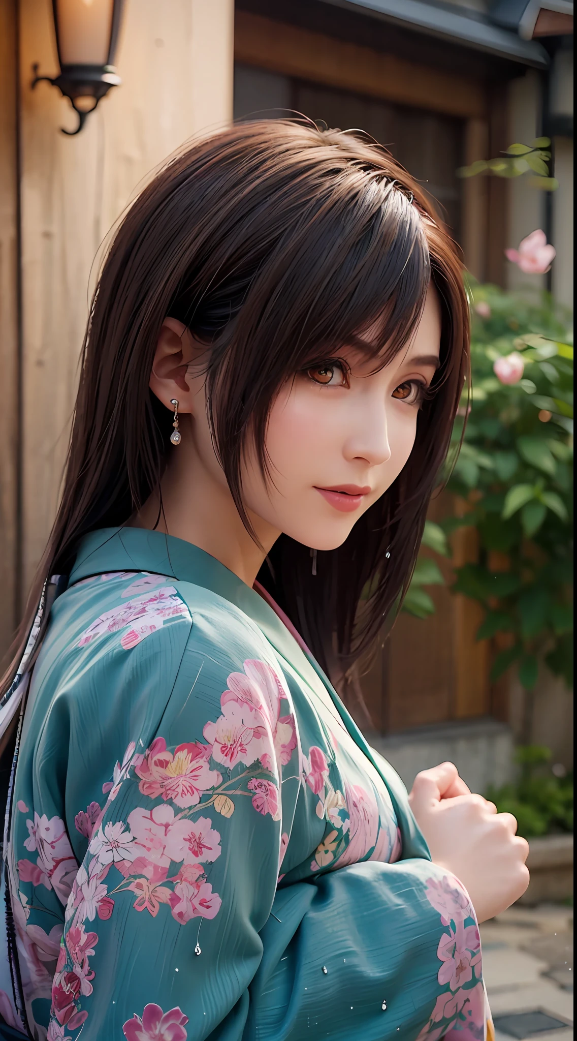 (Masterpiece, high resolution, illustration:1.3),half-body photo, Charming schoolgirl, closeup of face,(Flowing russet hair:1.2), Emerald green eyes, (Traditional samurai costume:1.1), Sakura themed kimono, , Old stone paved streets, Tokyo in cherry blossom season, (Petals flutter in the rain:1.2), misterious ambience, (illuminated lanterns:1.1), Comfortable storefront, Traditional wooden house, (Tranquil water reflection:1.2), pensive expression, tranquil ambiance, Gentle raindrops, Diagonal composition, Top-down perspective, Fantastic color scheme, Poetic storytelling.
