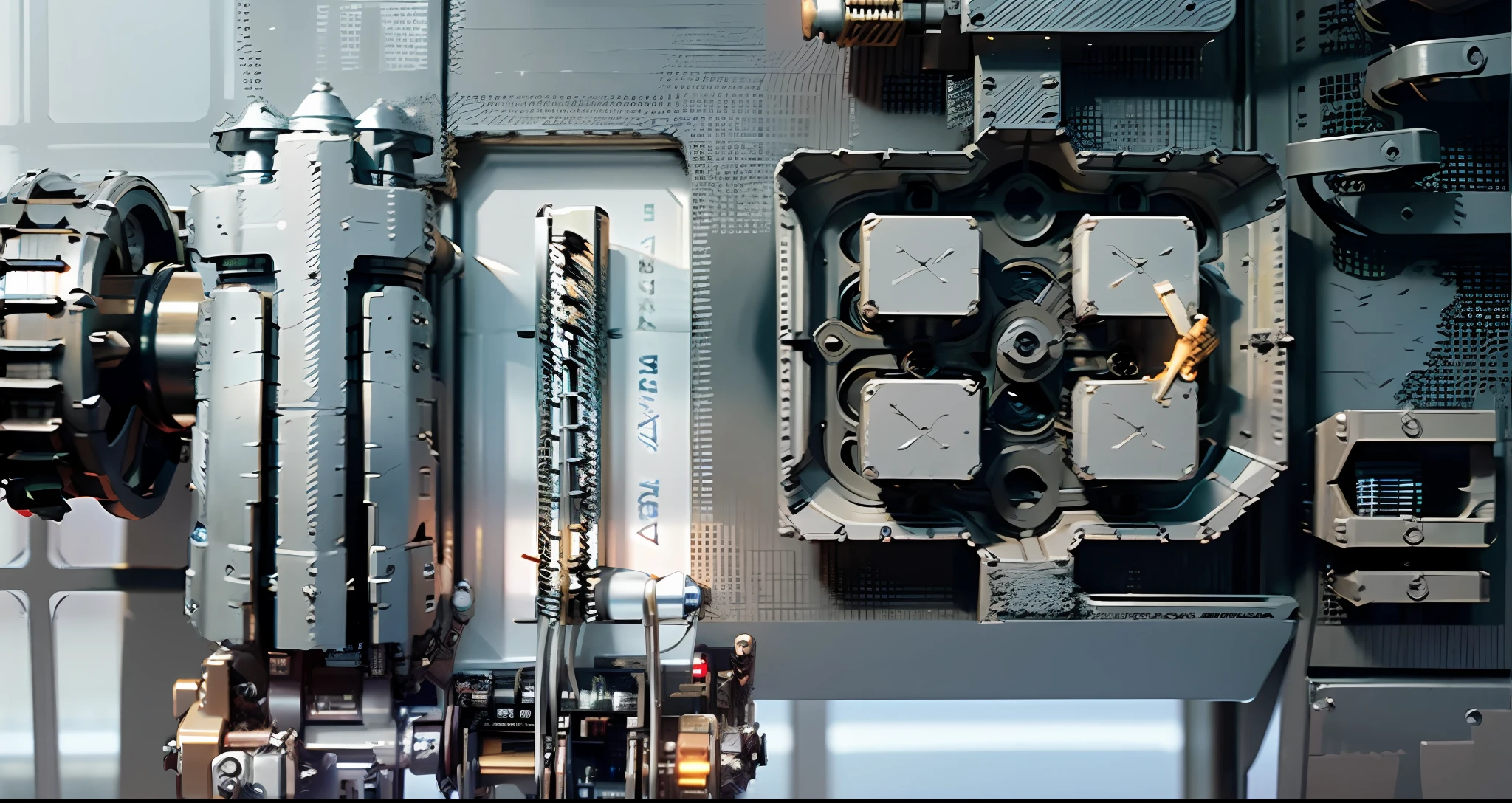 There is a machine sitting on the table, Mechanical details, mechanicalparts, intricate machine in space, greeble detail, Intricate mechanical details, sci - fi details, hard surface modeling, highly mechanical, mechanical - parts, machine parts, Realistic mechanical details, hard surface modeling, mechanicalparts, Intricate machinery, robotic mech parts, Advanced technology, Detailed mechanical parts