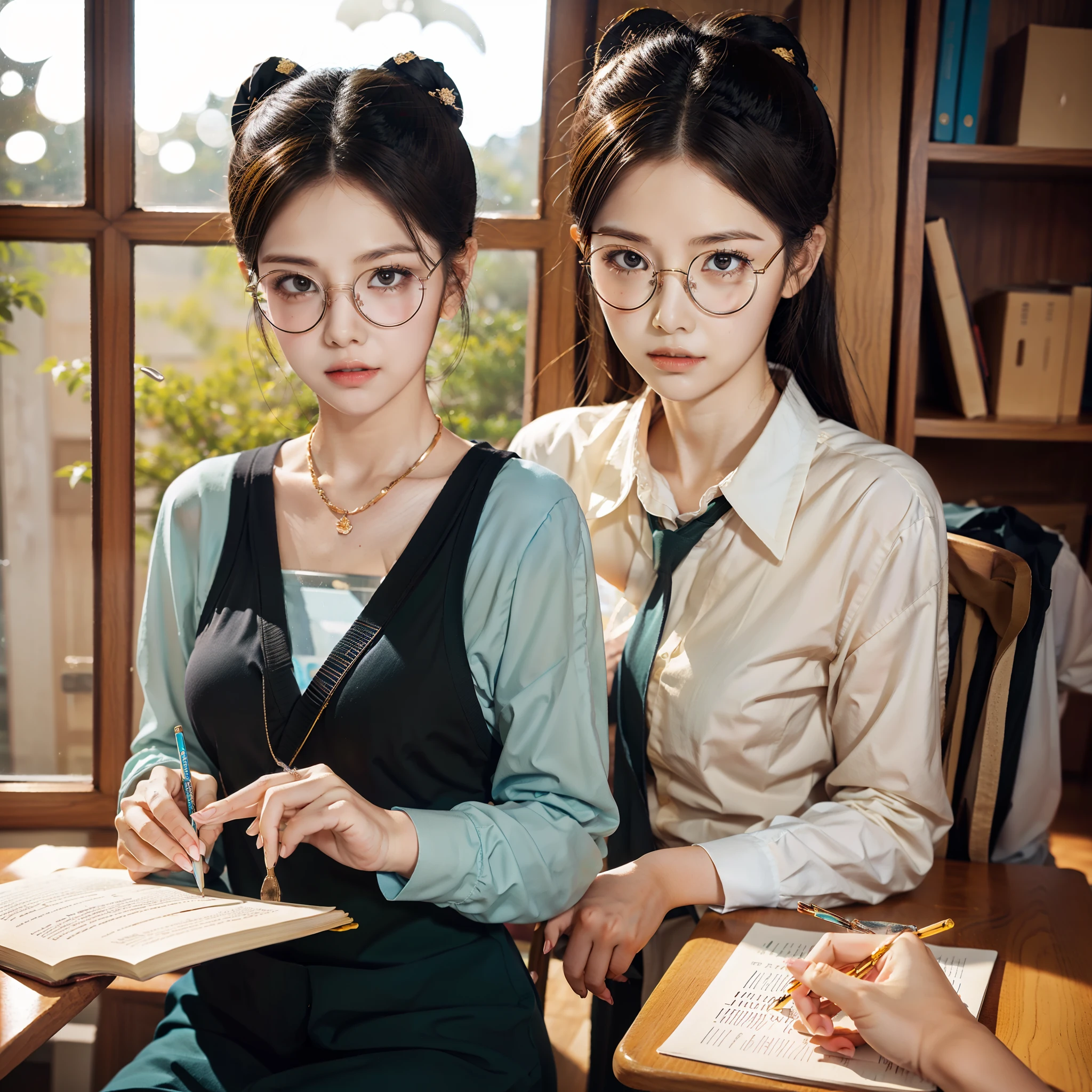 (character details + style) female teacher, (detail) half-body, holding glasses frames, (lens effect + lighting + scene) light and shadow interlaced, by the window, the sun is warm, bookshelves are dazzling, students' desks are scattered with teaching stationery and textbooks, classroom air is fresh, black JK