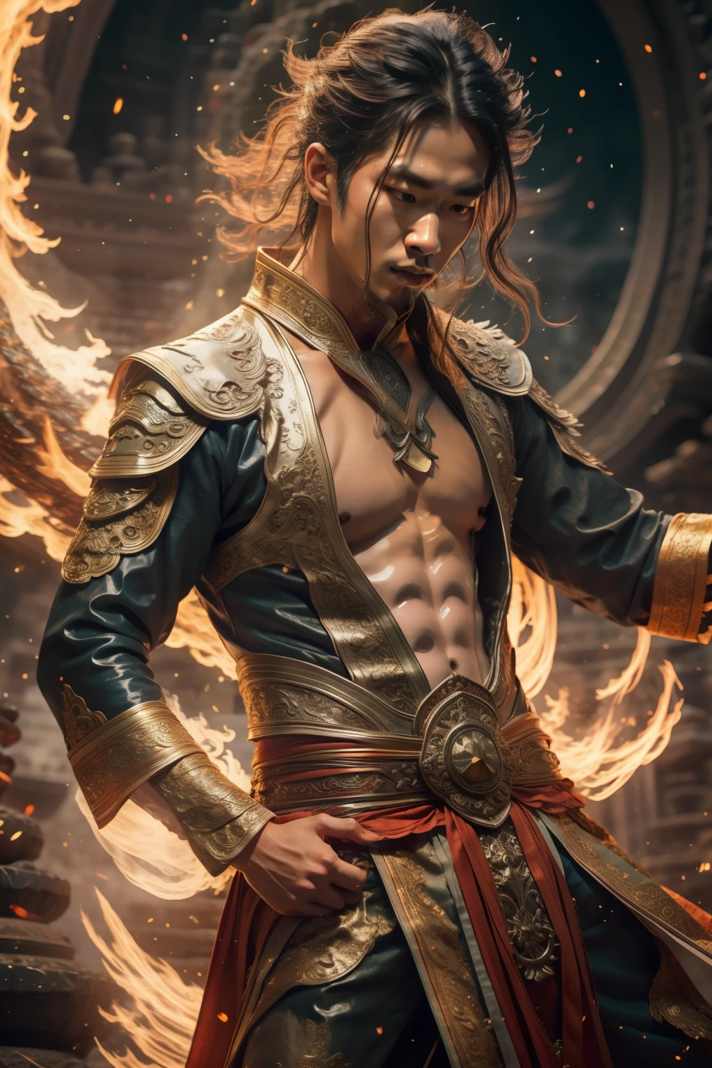 Handsome guy, 25 years old, Asian, master work, best picture quality, higher quality, high detail, super high resolution, 8k resolution, delicate facial features, boy, big muscles, tattoos, glowing eyes, short hair, hair details, [[Look away, look to the side, emphasize homosexuality and pay attention to every detail , open Hanfu transparent tulle jacket, white rubber pants, night, starry sky, flying flowers. Waterfalls, mountains, circling dragons, Chinese courtyard background ((((crotch bulge))))), flame, fire spells, fire fighting, Chinese kung fu