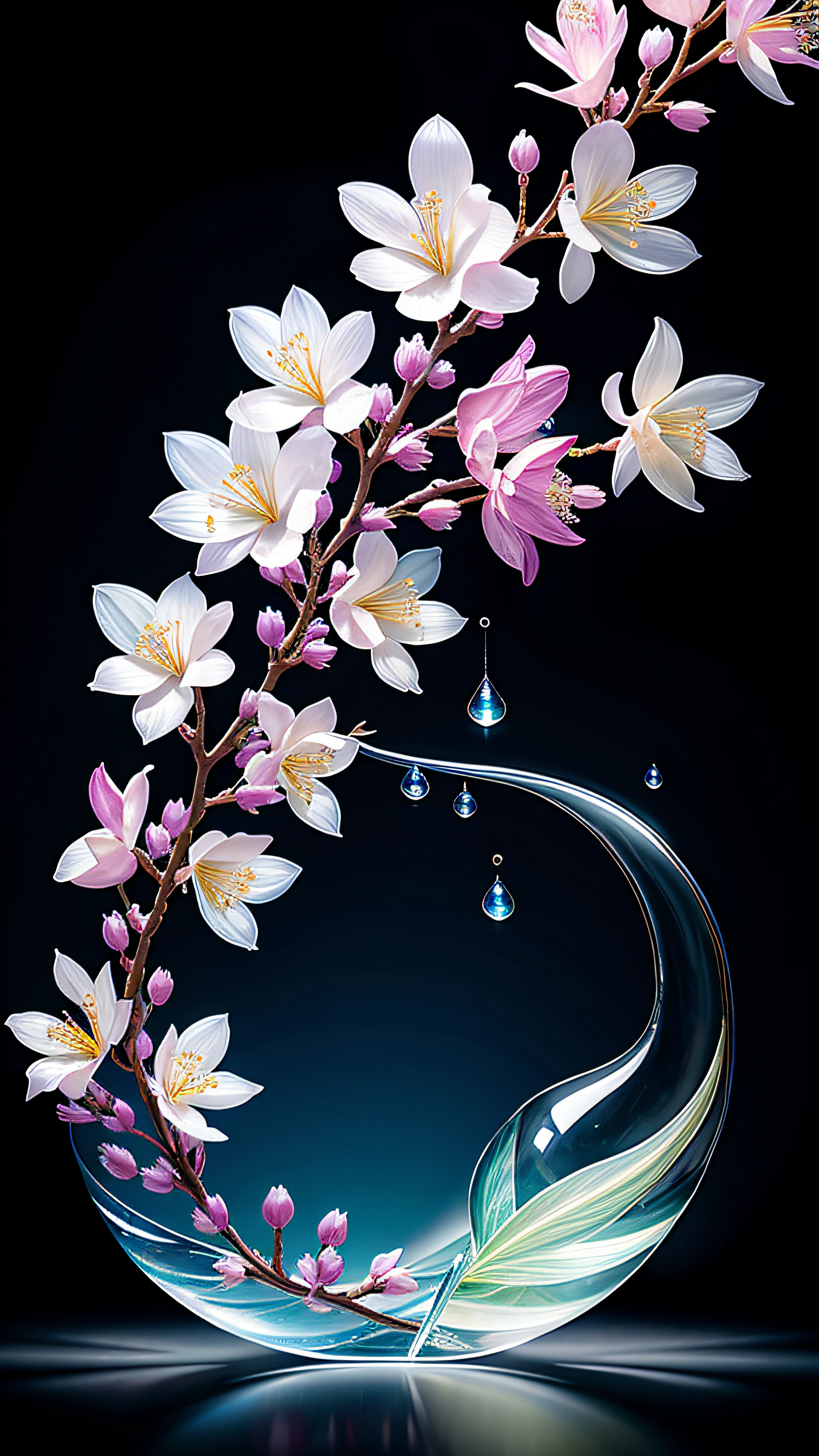 White background、branch of delicate lilac flowers、super transparent、Holy Light、beautiful spectral light、Petal brilliance、flashes、drops of transparent light、reflective light、Send optic、light streaming in、Department of Optics、foco nítido、magia、Convoluted、A hyper-realistic、Fantasia、Composition、optic、Trending in art stations、pearls、patronus cloud of silvery vapor、corrosive enveloping ray family、8K、Urea AR23v4 Upright