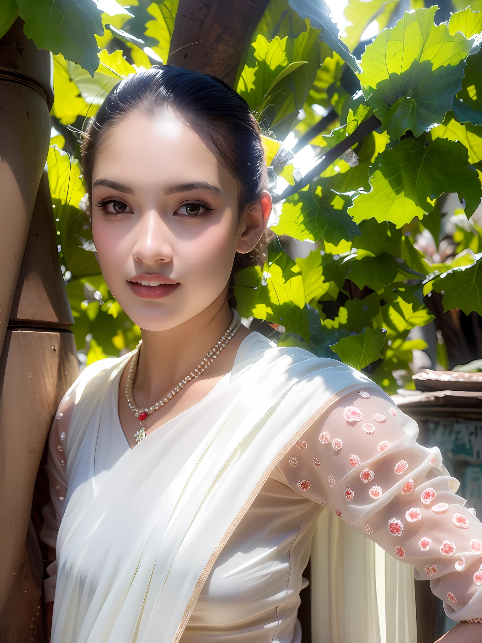 there is a woman in a white dress standing by a tree, wearing wedding saree, indian girl with white skin, a beautiful woman in white, traditional beauty, with white skin, taken in the early 2020s, around 1 9 , a beautiful young woman, photo of young woman, light skinned Sri Lankan young girl, portait image, a stunning young ethereal figure