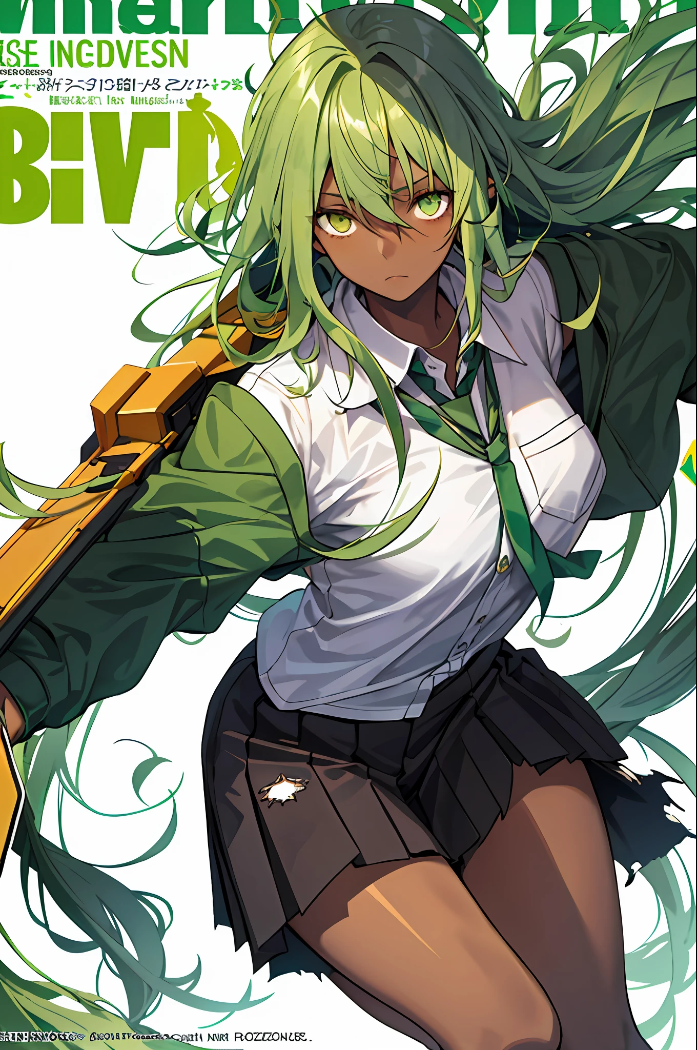 1girl, dynamic pose,really long messy green haired,overworked worker, torn school outfit, brown skinned, subtle depressed expression,(adult magazine cover, text, clean font, sharp text)