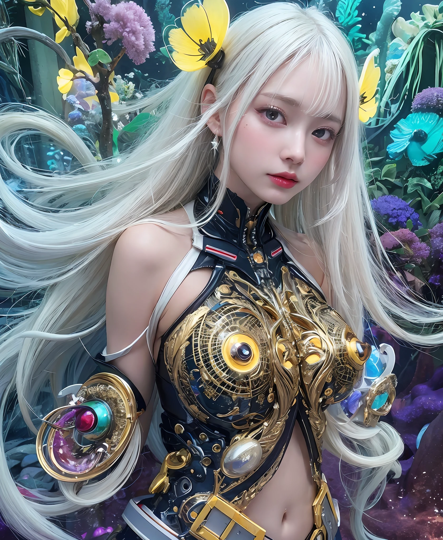 white  hair、long fluttering hair、strong breeze、a purple eye、Luminous Eyes、Tentacles clinging to the body、White Latex Suit、Mollusk girl、Colossal tits、The face and chest are alive、Cleavage is visible。photoRealstic、portfolio、Biotech Cyborg、Gothloli details、tentaculata、Detailed biocomponents、Bundle of thin tubes、sea anemones、Nudibranch、Luminous tube、Detailed neon、Fine LED、Golden fine parts
