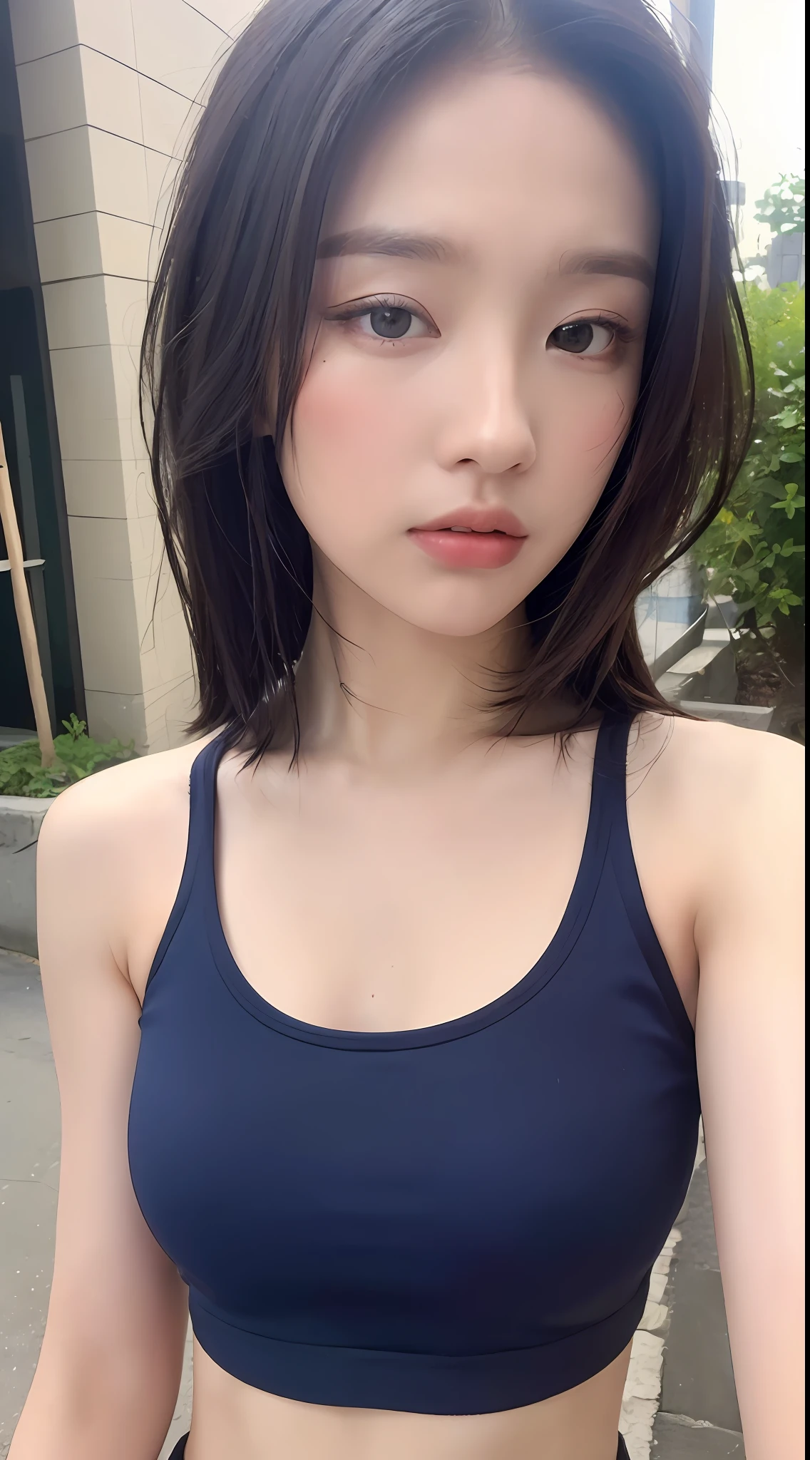 ((Best quality, 8k, Masterpiece :1.3)), Sharp focus: 1.2, Perfect Body Beauty: 1.4, Slim Abs: 1.2, ((Layered hairstyle: 1.2)), (Tank top shirt:1.1), (Street: 1.2), Highly detailed face and skin texture, Fine eyes, Double eyelids