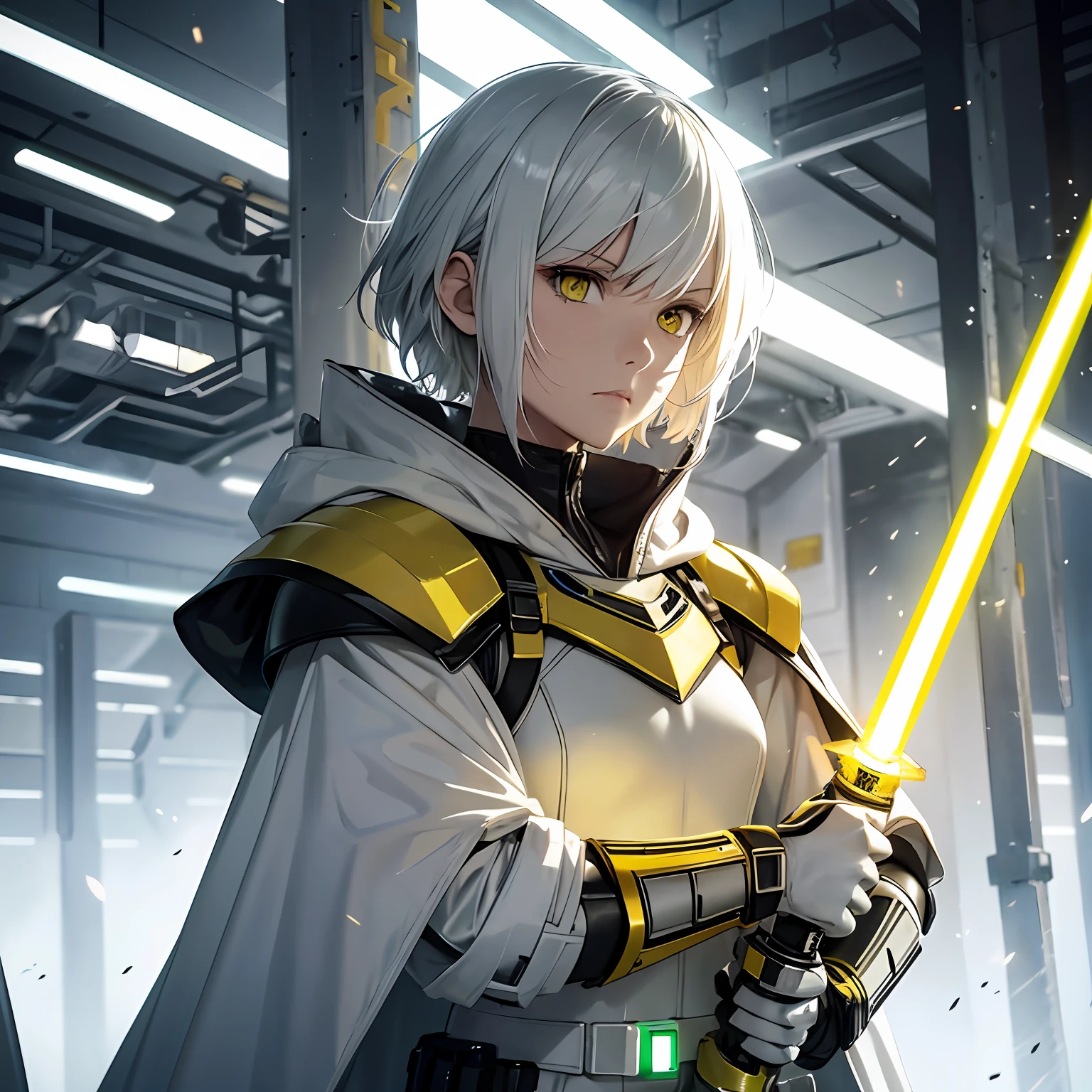 Yellow lightsaber in hand, short hair, serious face, combat attire, white hair, yellow eyes, full white metal armor, android, human appearance, adult female, dress cape, hooded robe --auto