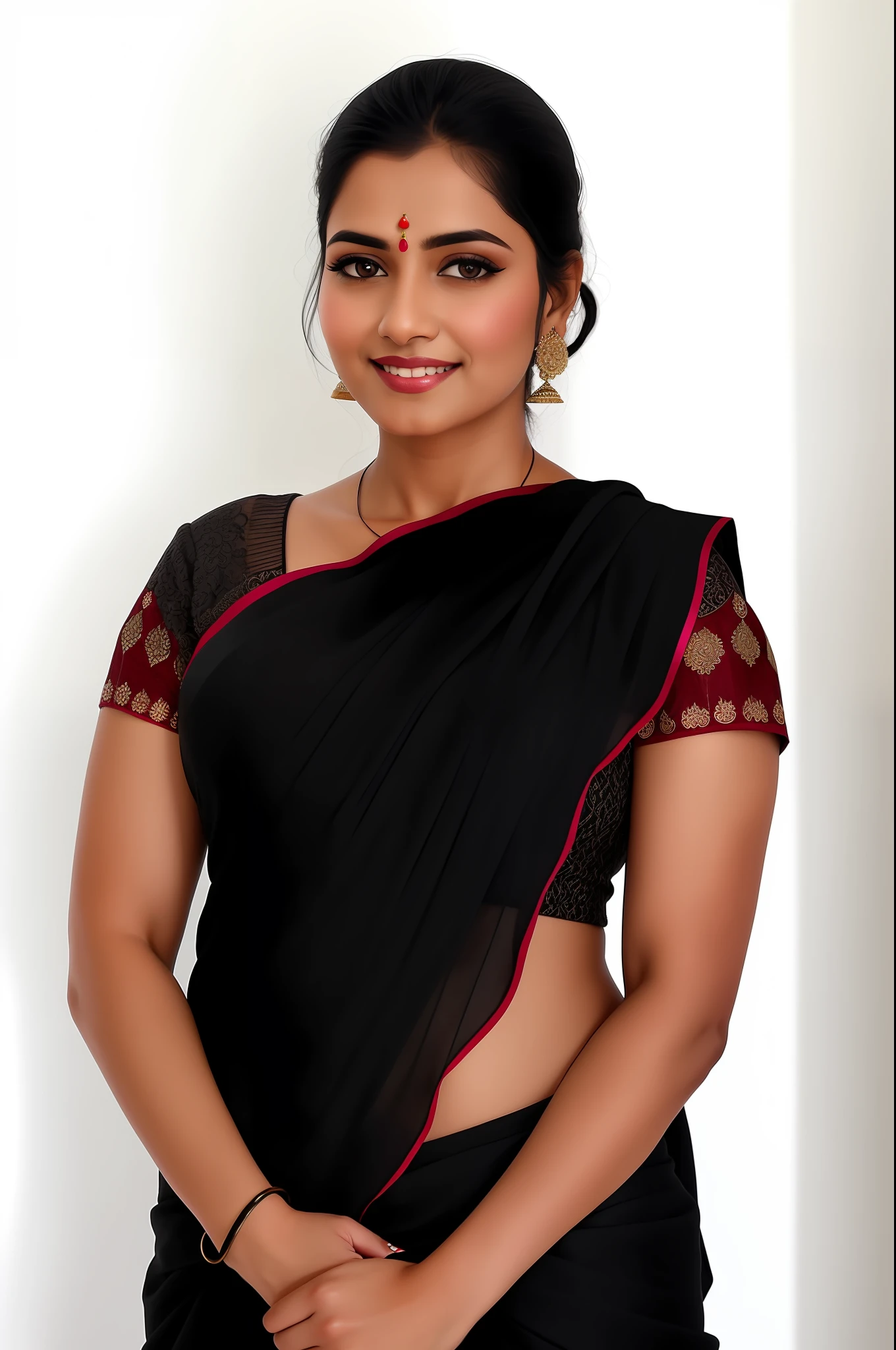 arafed woman in a black sari posing for a picture, traditional beauty, indian, with a seductive smile, wearing a sari, indian goddess, with black, with lovely look, centre image, dressed in a sari, indian style, close body shot, about 3 , front profile!!!!, wearing sari, indian girl with brown skin