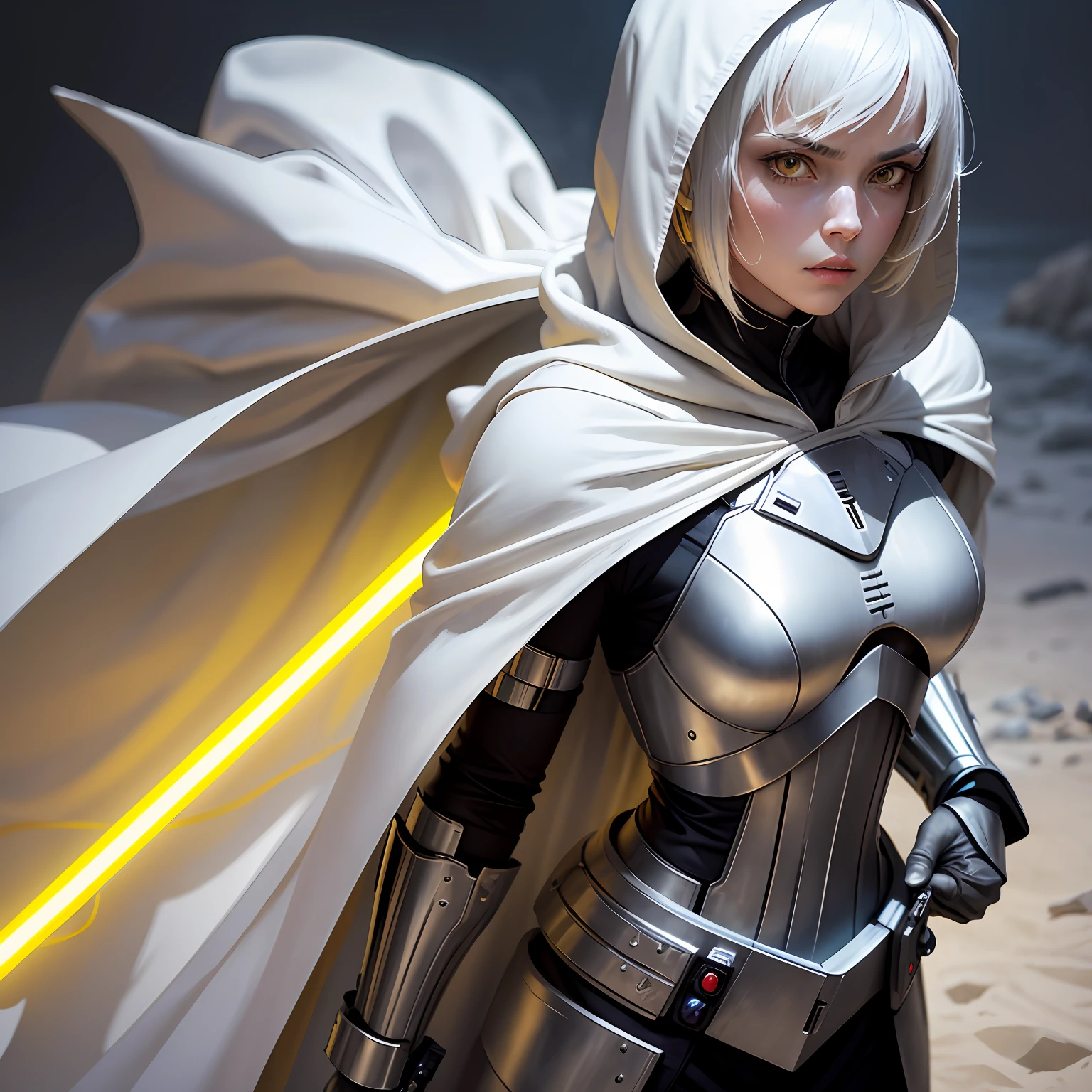 Yellow Double lightsaber in hand, short hair, serious face, combat attire, white hair, yellow eyes, full white metal armor, android, human appearance, adult female, dress cape, hooded robe --auto