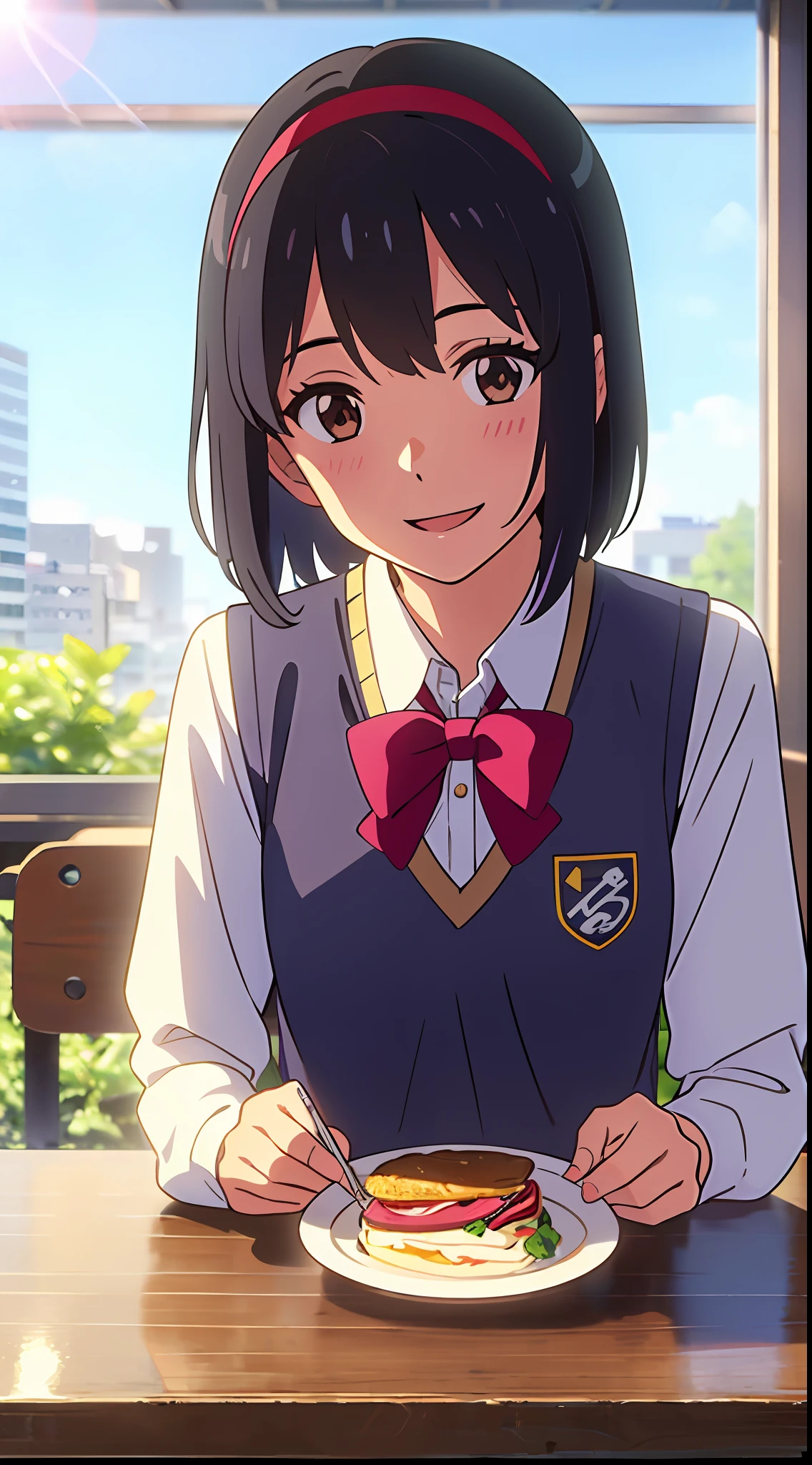 shinkai makoto, kimi no na wa., 1girl, bangs, black hair, blue sky, blush, bow, brown eyes, shiny skin, , sunlight, collared shirt, headband, looking at the viewer, red bow, red headband, red ribbon, Ribbon, school uniform, shirt, short hair, smile, solo, sweater vest, upper body, vest, white shirt, yellow sweater vest, yellow vest, smile, happy, open mouth, lens_flare, indoors, cafe, chair and table, glass, street, road, relax, sitting