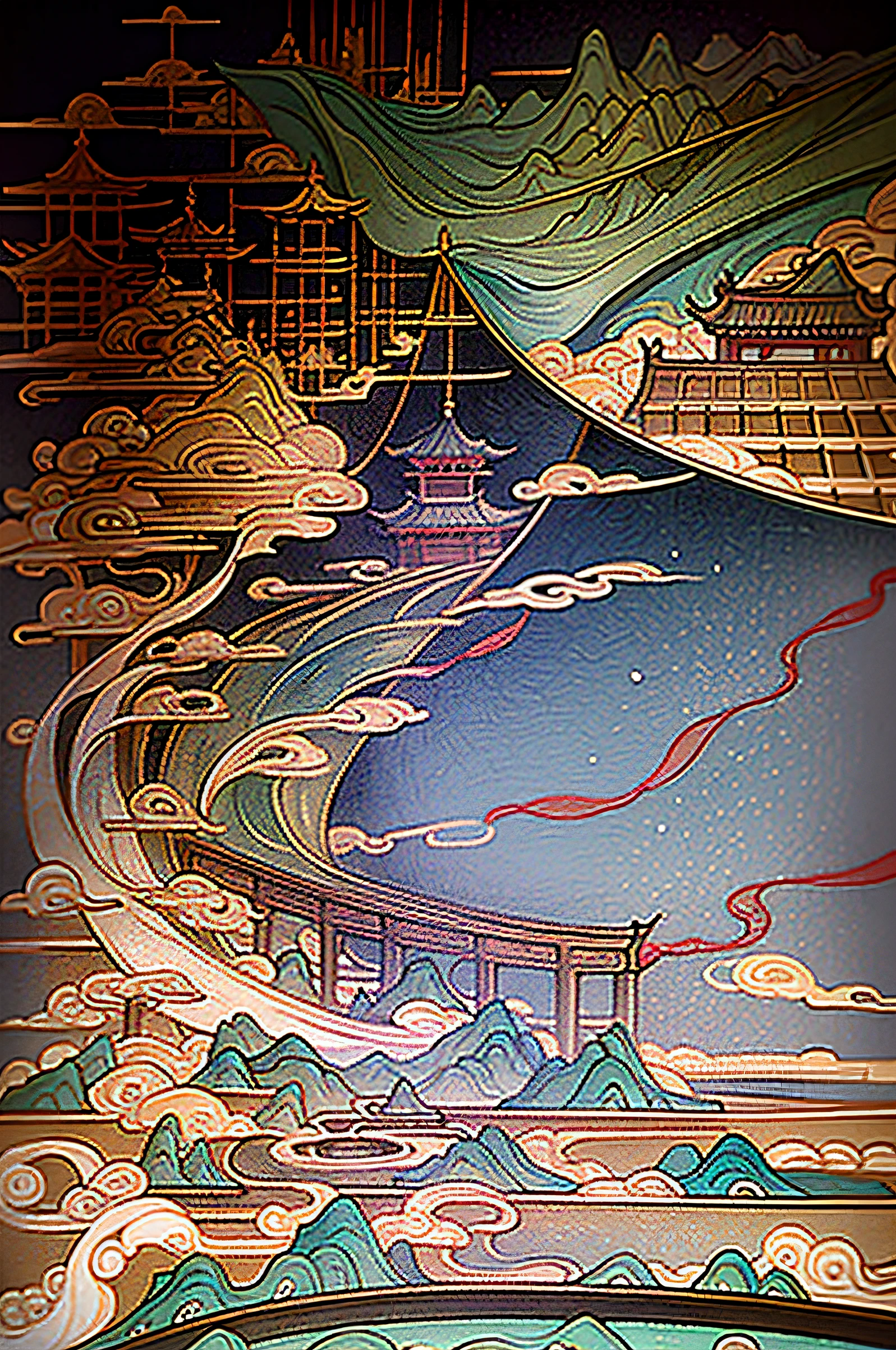An ancient Chinese painting, ancient Chinese background, mountains, rivers, auspicious clouds, pavilions, sunshine, masterpieces, super detail, epic composition, ultra HD, high quality, extremely detailed, official art, unified 8k wallpaper, Super detail, 32k -- v 6