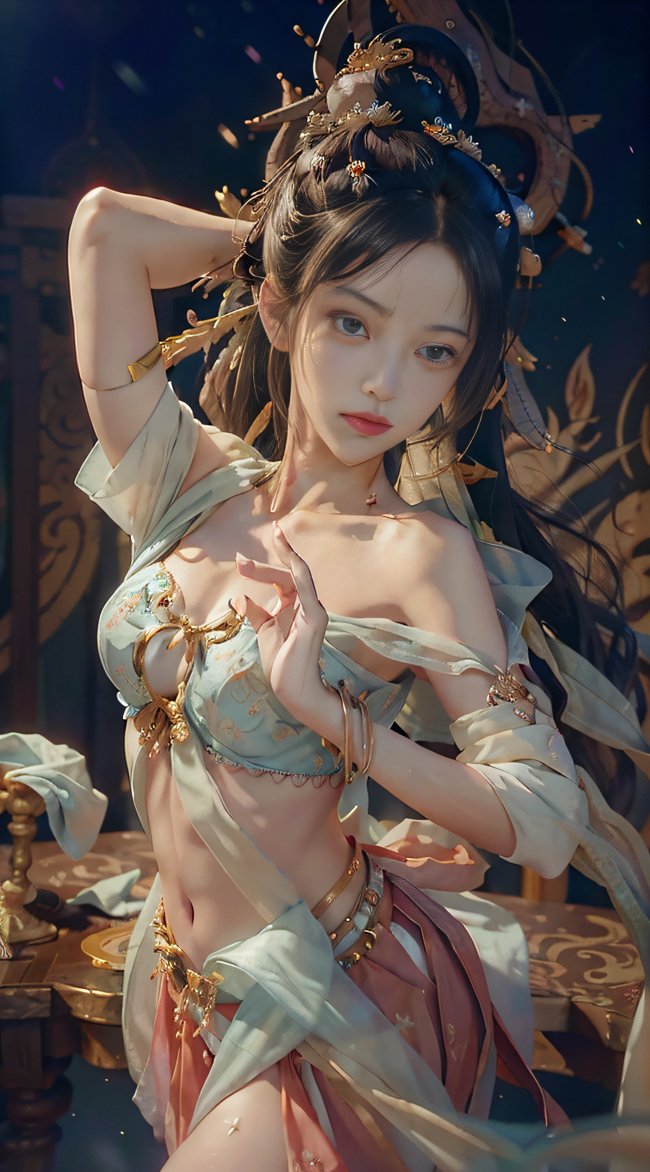 Dunhuang style, 1girle, (realistic, photorealistic :1.3), (((dance))), extremely delicate beautiful girl, supple fair skin, delicate facial features, perfect face, light makeup, peach blossom eye makeup, sexy collarbone, portrayed hand details, delicate hands, delicate eyelashes, delicate eyes, bare shoulders, stunning beauty, extreme details, realistic details, best quality, highly detailed, masterpiece, shoulder, navel, flying pipa girl, The background is a Dunhuang mural, dance moves, one hand raised above the head, One hand stretched forward, Buddhist pose, gray hair, long hair, complex hair accessories, Chinese hairpins, fluttering ribbons, dynamic perspective, hair bubbles, flowers on the head, gradient eyes, smile, surrealism, high detail, romanticism, cinematic lighting, glitter, reflected light, UHD, retina, masterpiece, super detail, textured skin, anatomically correct, high detail, best quality, high resolution, high quality, award-winning, 8K