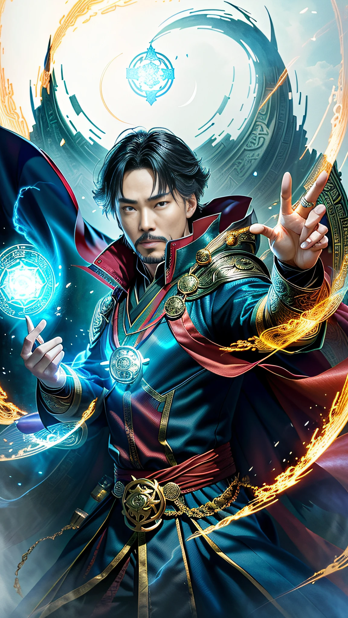 独奏, Masterpiece, Best Quality, middle frame of Doctor Strange, Masters of mystical arts. The Eye of the Magic Amulet Agamotto. Magic spells. Floating. cape, Marvel, combat stance, Dynamic Angle