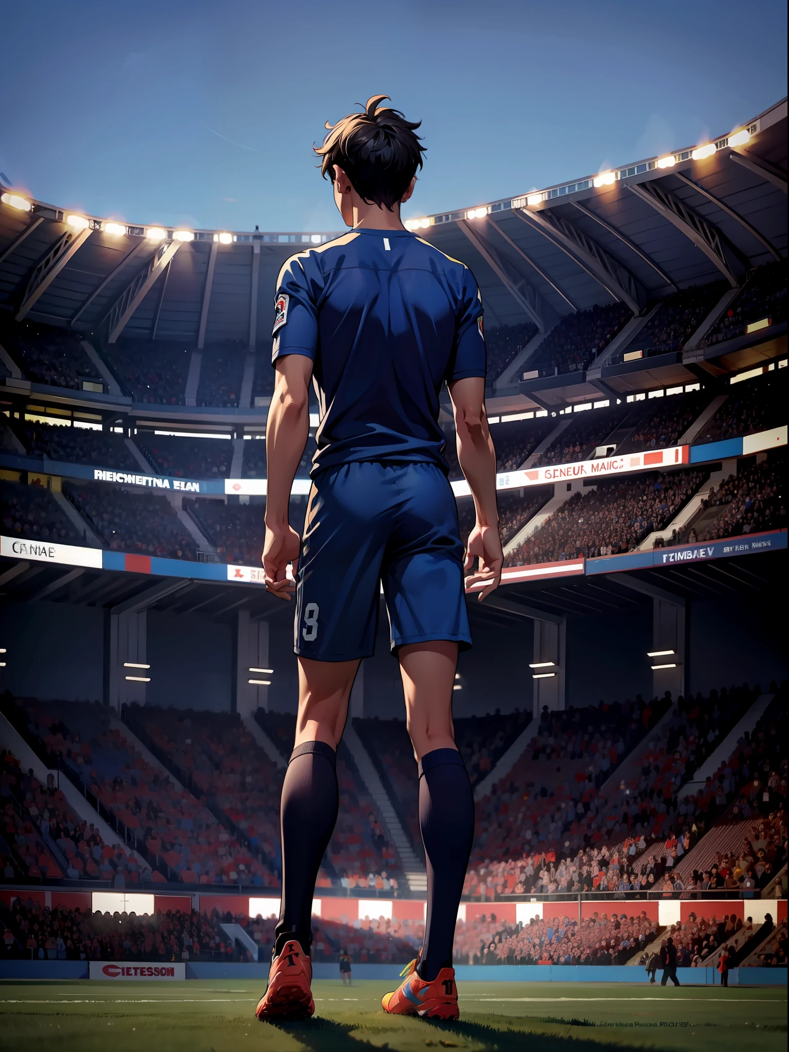 A soccer player stands on the soccer field, Turn his back to the camera，Wearing number 10 blue shirt，In the distance are spectators in the stands