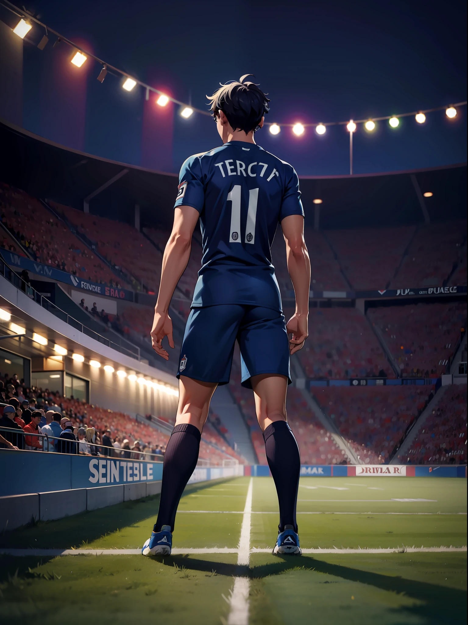 A soccer player stands on the soccer field, Turn his back to the camera，Wearing number 10 blue shirt，In the distance are spectators in the stands