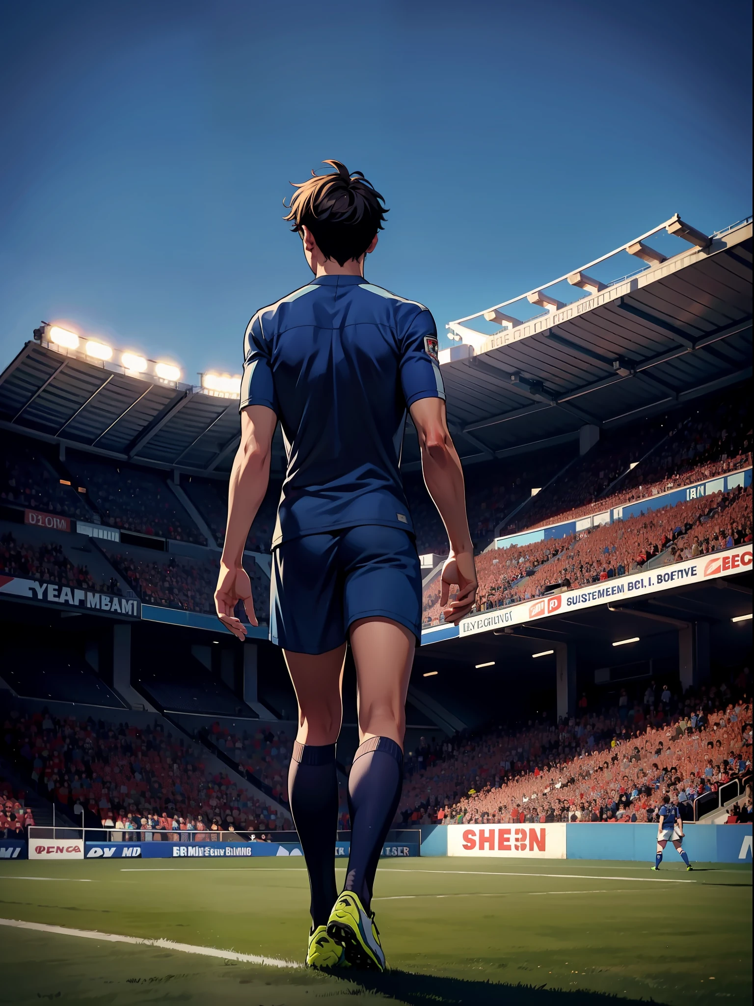A soccer player stands on the soccer field, Turn his back to the camera,Wearing number 10 blue shirt,In the distance are spectators in the stands