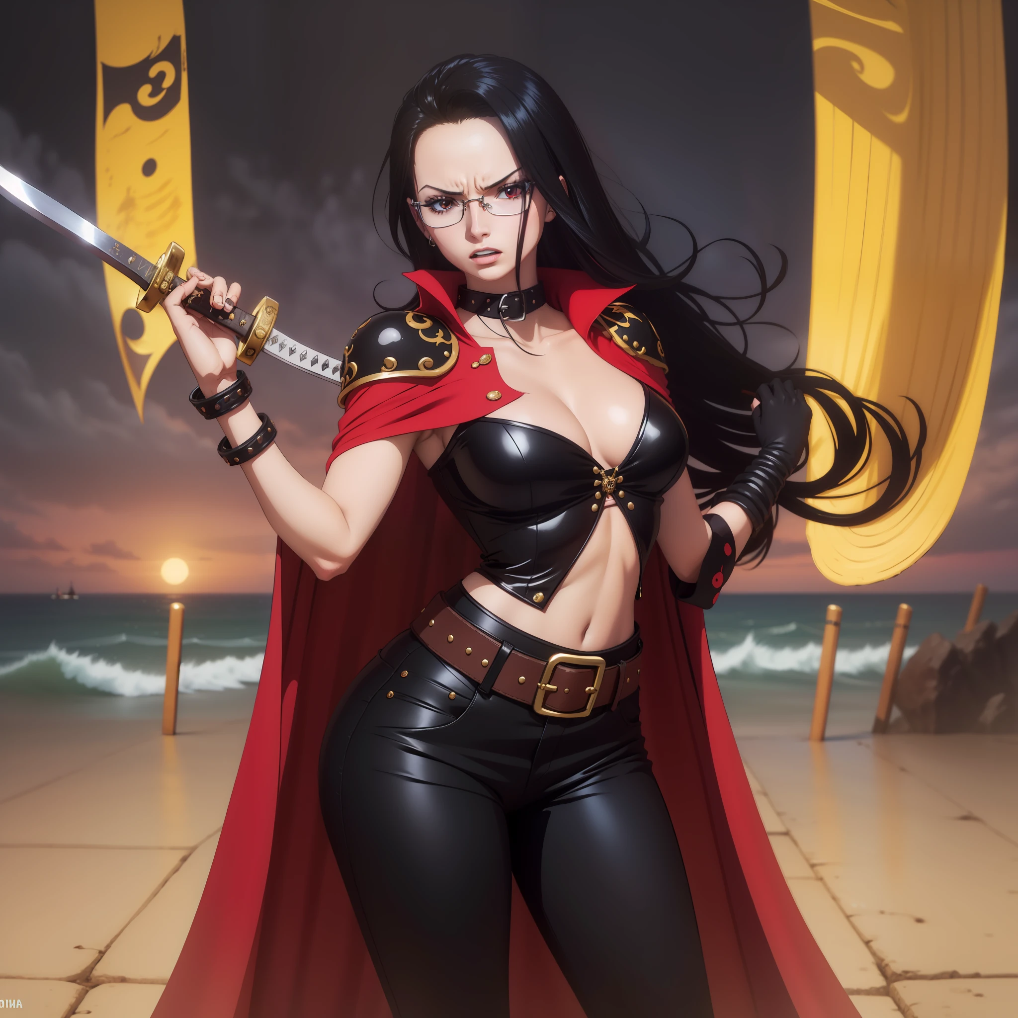melhor qualidade, Girl long hair dress long breasts long cape red medium belt black bright red eyes, cabelo preto, colar, pose fofa, black collar high black pants, angry expression, pose de lado, batom vermelho na boca, dentro de um navio, em alto mar, mar atras, Olhos vermelhos, cabelo curto pretos, olhos vermelhos brilhantes, pirata, navio de pirata, Pose para cartaz, com uma katana, segurando um livro, arqueologa colar, bracelete, usando oculos de arqueologa, boa hancok Cobra amarela pose sexy bonita e elegante sentada em uma poltrona