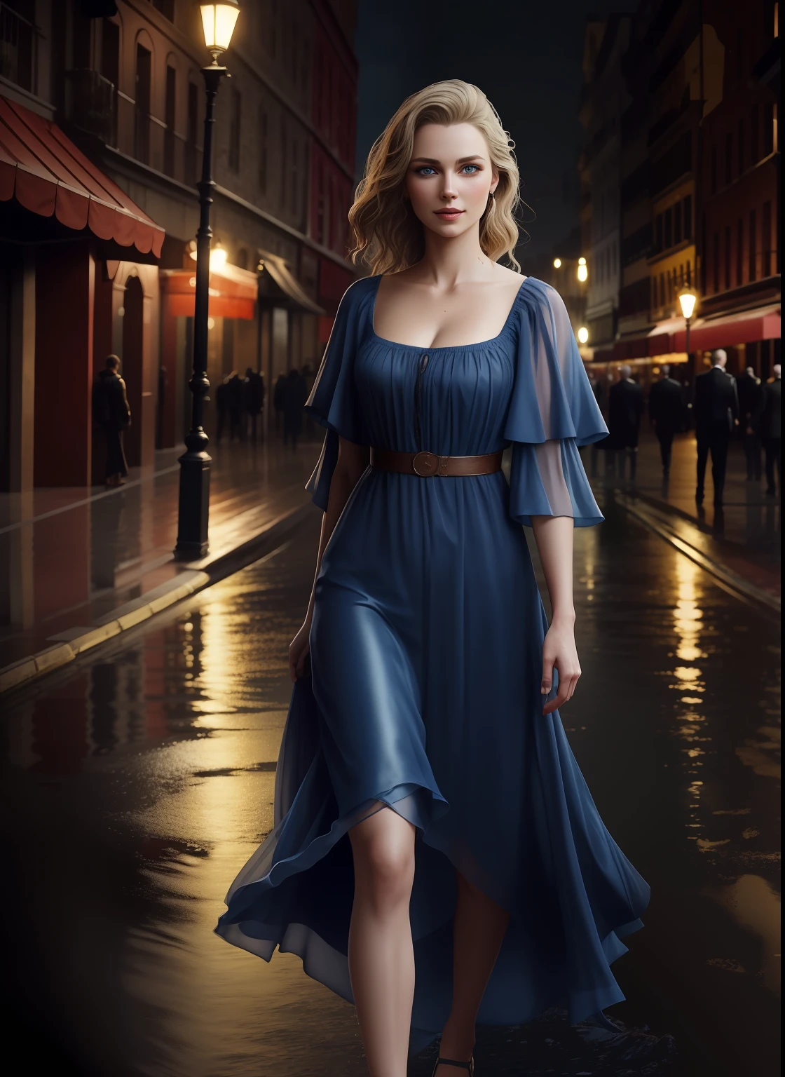 full body photographed, Beautiful young woman in western dress, The dress is wet and stuck to the body, Sateen, Clothes are wet, blue eyes, smiles and friendly face, visible through the hair, Hair is wet, proper eye position, natural skin, back light, cinematiclight, bezel light, soft light, thights, at nighttime, city backdrop, Detailed colored background, intrikate, higly detailed, Octane rendering, HD, 8K, Annie Leibovitz