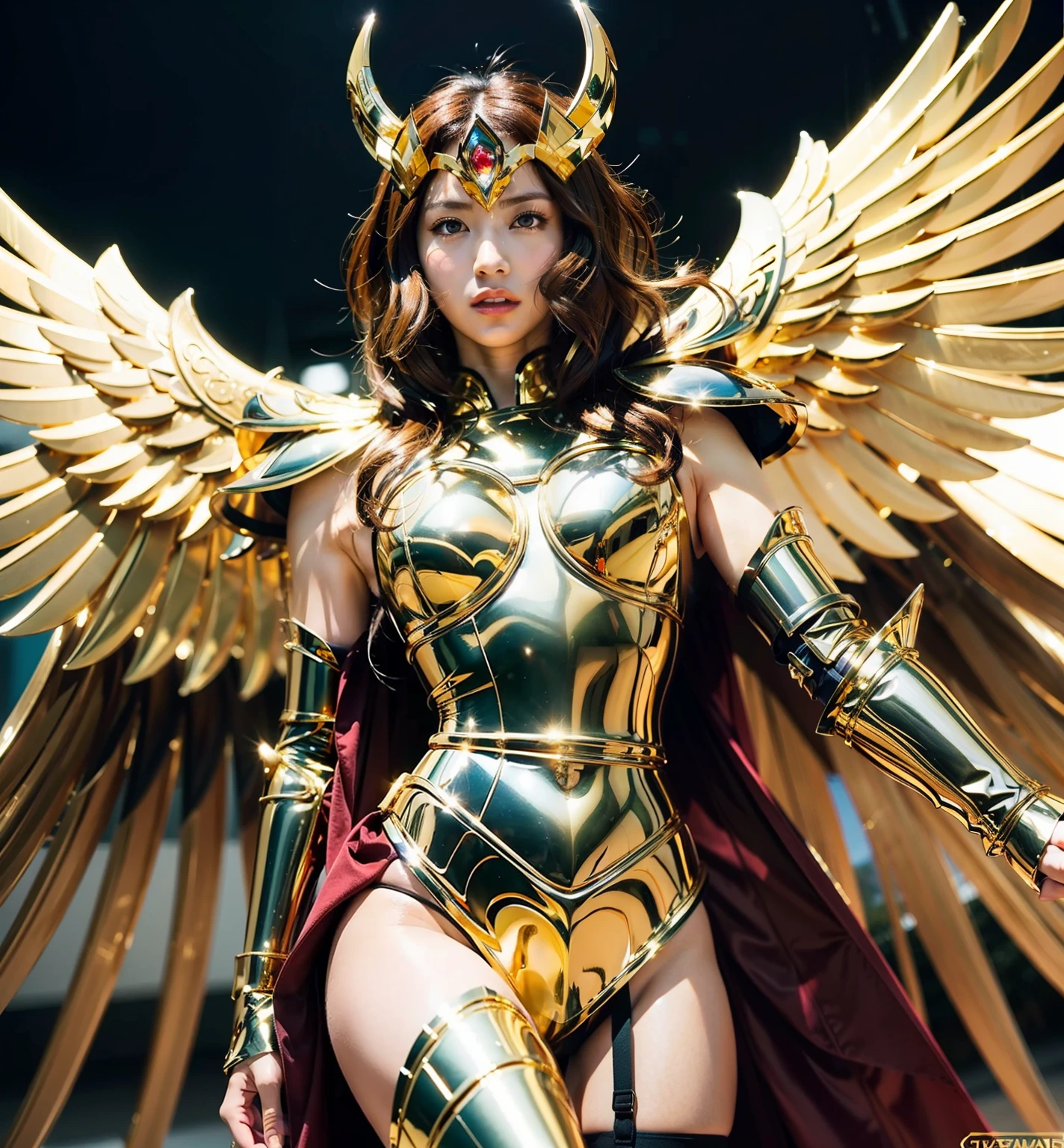 Ultra-high saturation(tmasterpiece), fully body photo,(best qualtiy), (1girll),super wide shot, sface focus, Wearing shiny gold armor, Sexy lingerie type armor,Expose your chest,Expose the waistline,Exposing thighs,cool-pose, Saint Seiya Armor, messy hair,high detal, Anime style, Cinematic lighting, The armor is shining gold, god light, Ray traching, filmgrain, hyper HD, textureskin, super detailing, Anatomical correct, A high resolution,Ultra-high saturation,hight contrast,High-gloss armor,Smooth skin,Grim expression,Huge golden wings behind him,brown hair