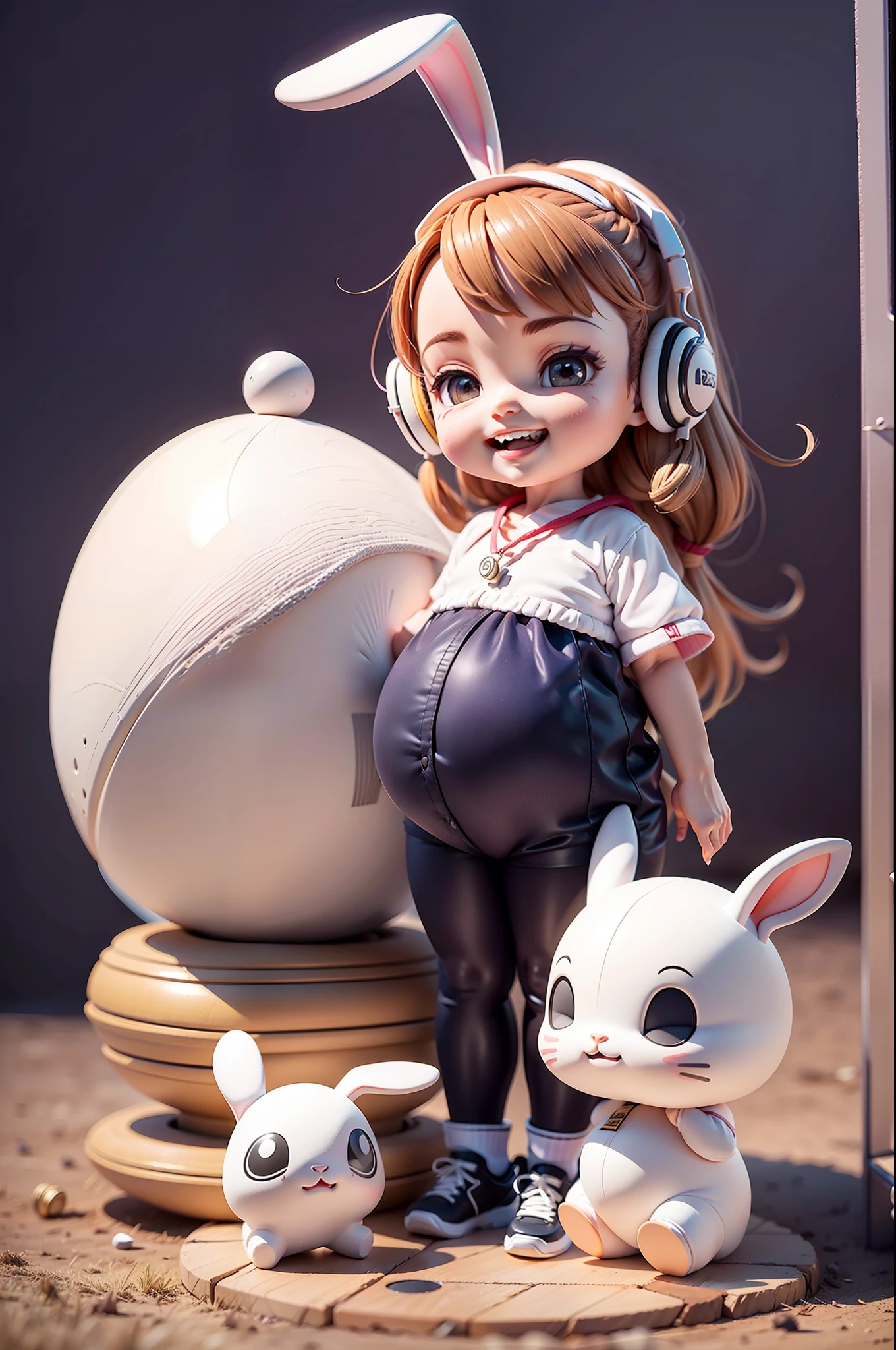 (Daisaku),(Need),(Super meticulous),(full bodyesbian:1.2),(soio),white theme,Rabbit magician,adolable,Open-mouthed,grin,Earphone,gravid,pregnant women with,Popmart blind box,Clay texture,Treading on the ground,Black and white background,natural lightting,Best quality at best,hyper-detailing,arte 3D,c4d, OC renderer, a 3D render, 8k wait to start