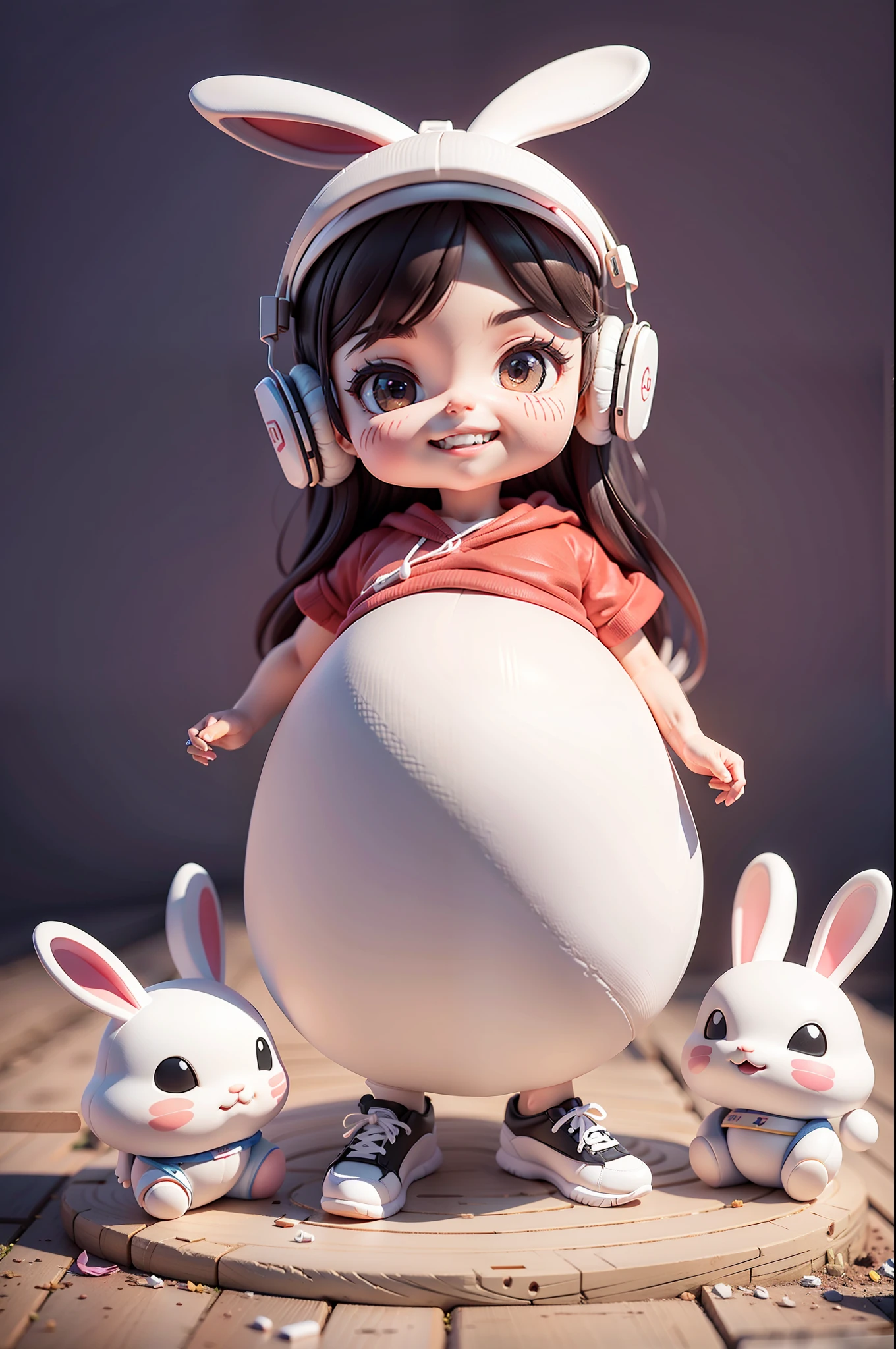 (Daisaku),(Need),(Super meticulous),(full bodyesbian:1.2),(soio),white theme,Rabbit magician,adolable,Open-mouthed,grin,Earphone,gravid，pregnant women with，Popmart blind box,Clay texture,Treading on the ground,Black and white background,natural  lightting,Best quality at best,hyper-detailing,arte 3D,c4d, OC renderer, a 3D render, 8k wait to start