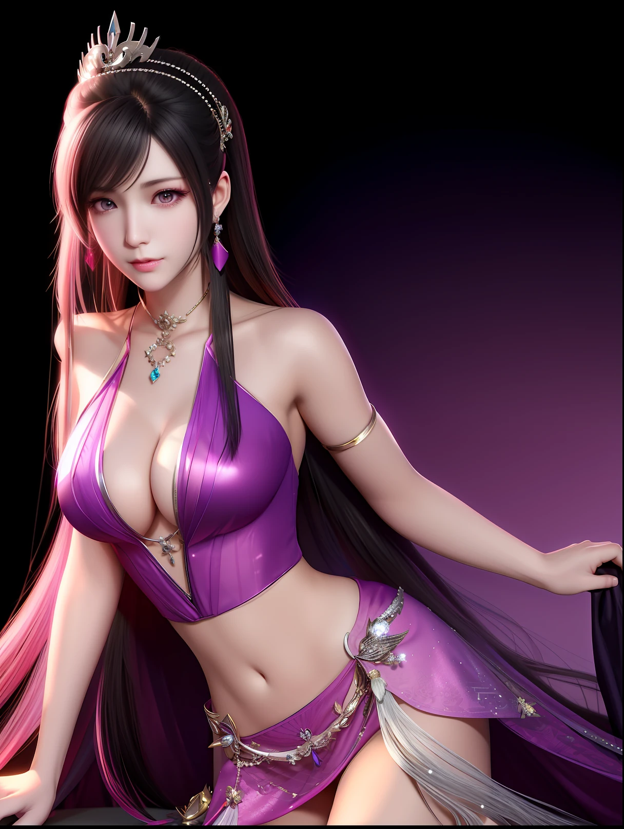 Close-up of a woman in a pink dress，long whitr hair，beautiful and seductive anime woman，A beautiful fantasy queen，inspired by Du Qiong，Seductive portrait of Tifa Lockhart，（（beautiful fantasy empress）），seductive anime girls，Beautiful anime woman，Charming Tifa Lockheart，beautiful avatar picture，mai shiranui，Lady in pink armor，ff Tifa，（underdressing：1.2），photograph realistic， after sexing_Body， Tyndall effect， realisticlying， Dark Studio， edge lit， twotonelighting， （highdetailskin：1.2）， 8K  UHD， digital SLR camera， gentle illumination， high high quality， Volumetriclighting， Frankness， photore， A high resolution， 4K， 8K， Bokeh， Extramammary，， （purple eyes color）， （Transparent armor：1.0）， Transparent skirt， Transparent skirt