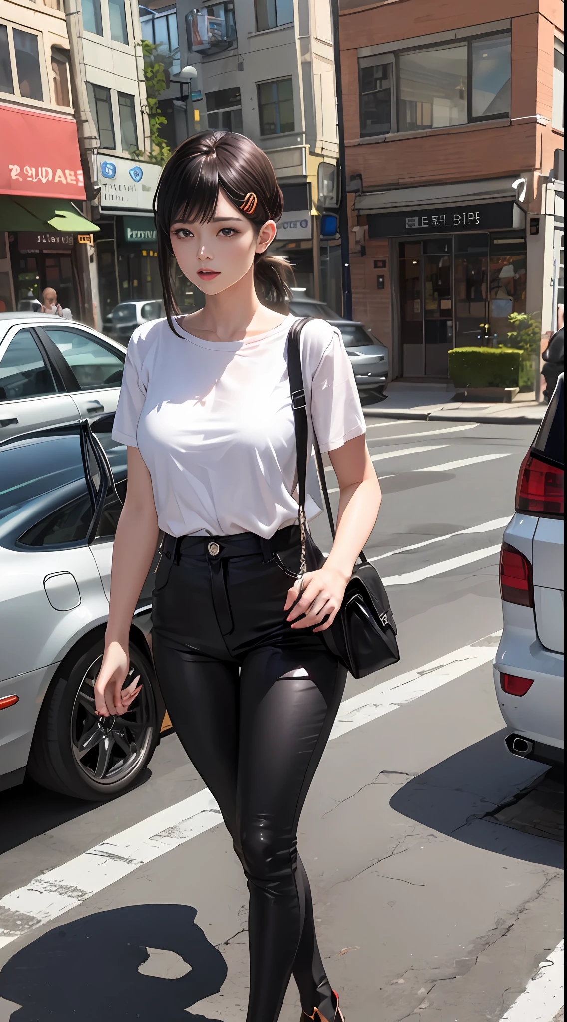 Beautiful woman, fiddling with mobile phone in the middle of the street, short clothes and oversized breasts