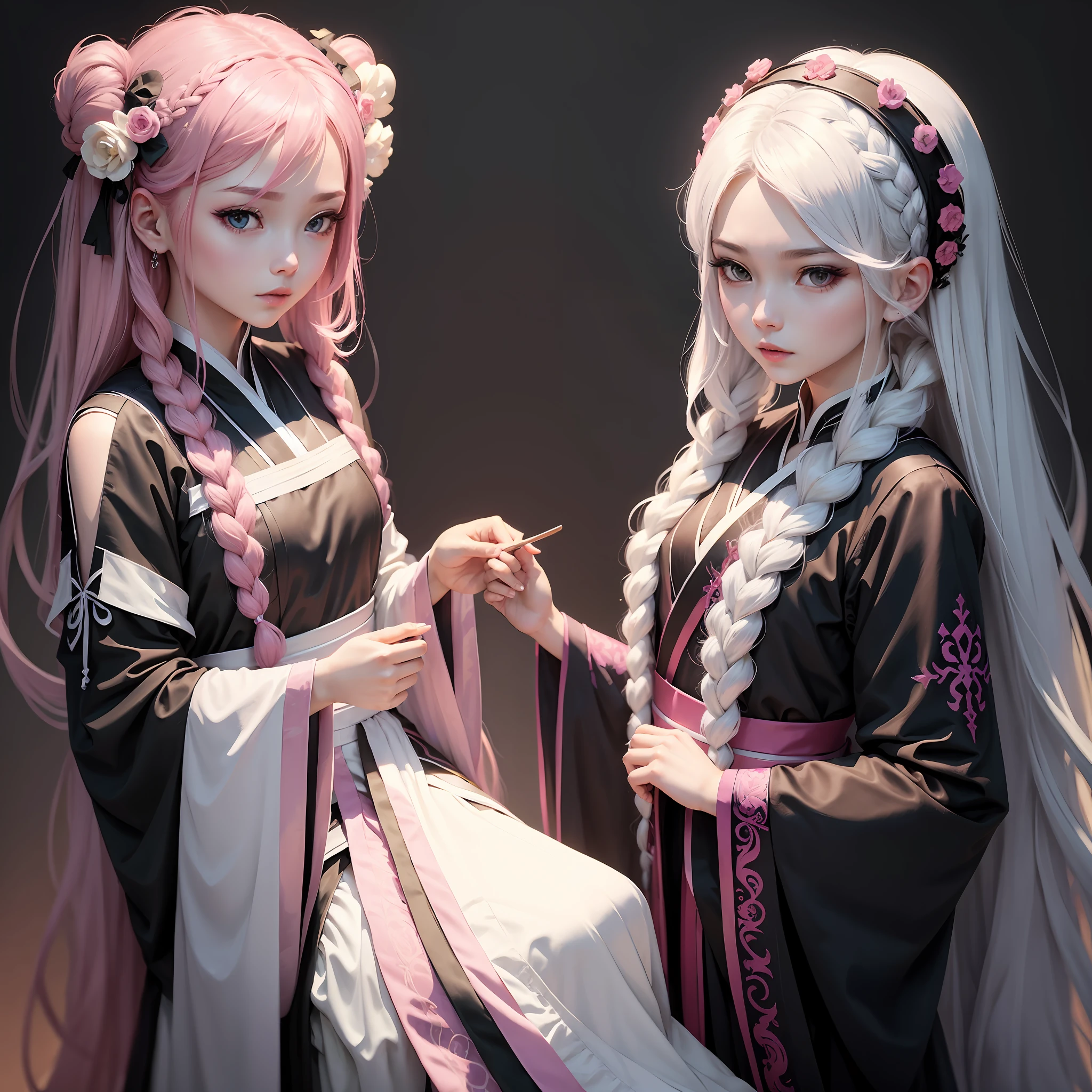 black-clad,A pink-haired,long braid,white skinned,Royal sister,The upper part of the body,Need,tmasterpiece,Hanfu, --auto