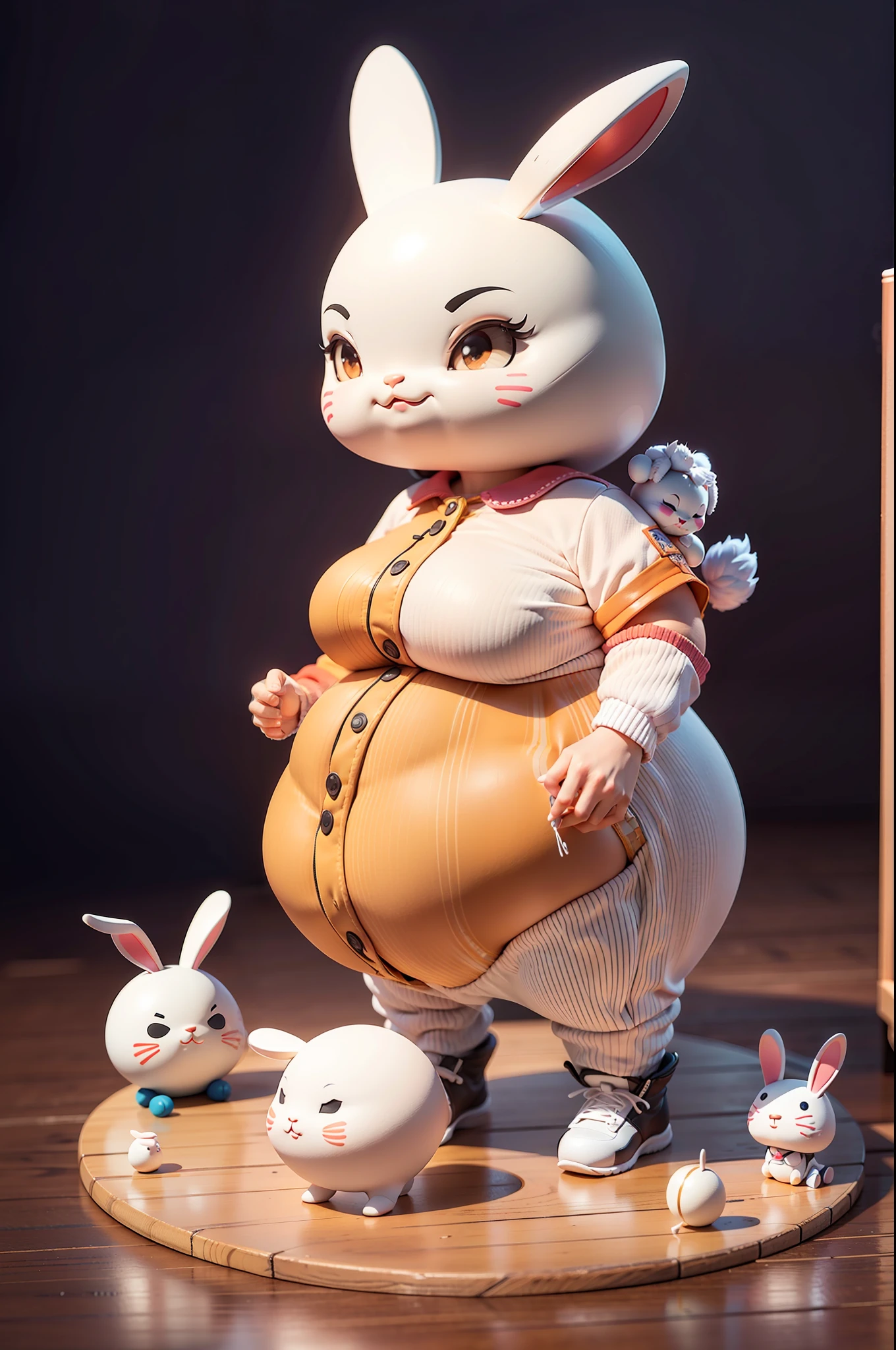 (Daisaku),(Need),(Super meticulous),(full bodyesbian:1.2),(soio),white theme,Rabbit magician,adolable,Open-mouthed,grin,Earphone,gravid，pregnant women with，Popmart blind box,Clay texture,Treading on the ground,Black and white background,natural  lightting,Best quality at best,hyper-detailing,arte 3D,c4d, OC renderer, a 3D render, 8k wait to start