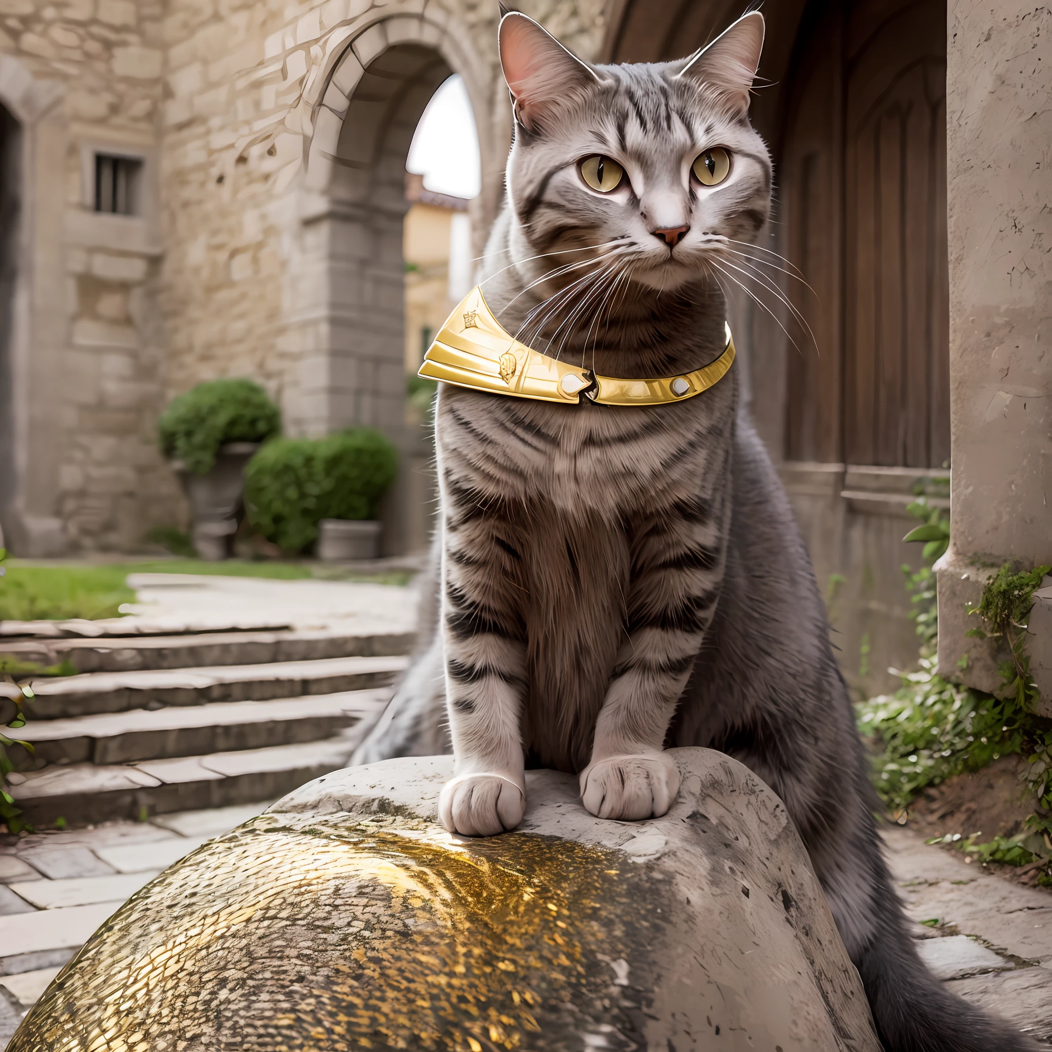 Gato vestido con armadura dorada muy intrincada. Background castillo medieval . Realistic. 8k. High quality. Ultra detallada