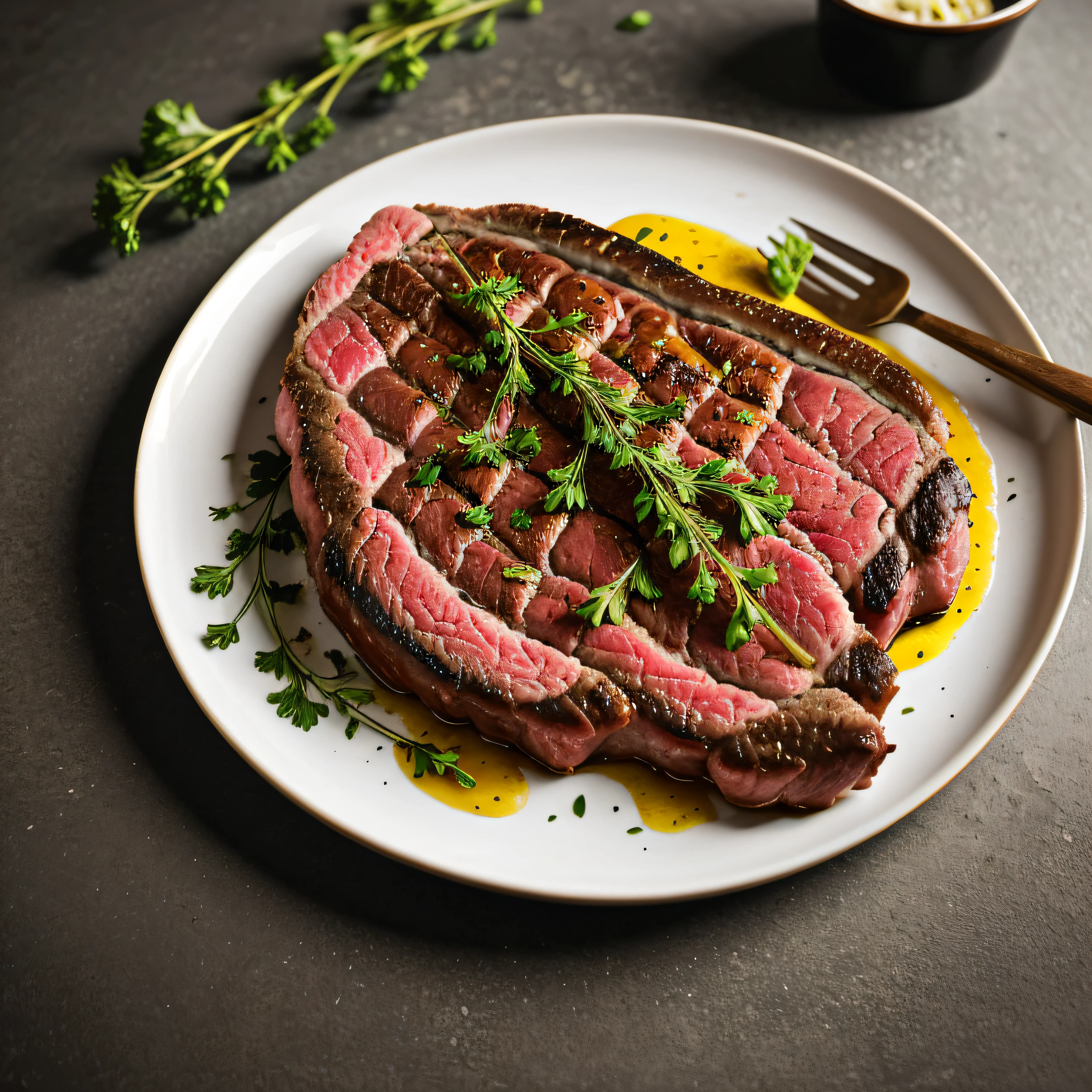 RAW photo, t-bone steak medium rare, garlic butter on top as a culinary dish, foodphoto, professional colour grading, soft shadows, no contrast, clean sharp focus, foodphoto,