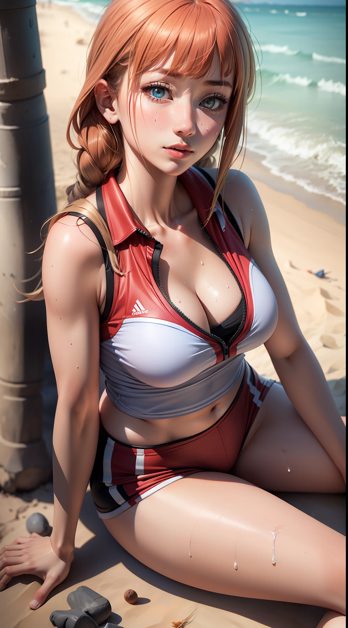 , 独奏, Red polo shirt, Cleavage accentuation white sneakers, Volleyball suit, redPanties, masterpiece, top-quality, realisitic, ultra-detailliert, (shinny skin, Sweating: 1.4), Ridiculous, looking at viewert, Long Blonde Hair、Blue eyes, slender, dynamic light and shadow, hight resolution, foco nítido, depth of fields, Narrow-eyed, Sharp pupils, Realistic pupils, (breasts are small: 1.6), (Thigh thickness: 1.0), Evening beach