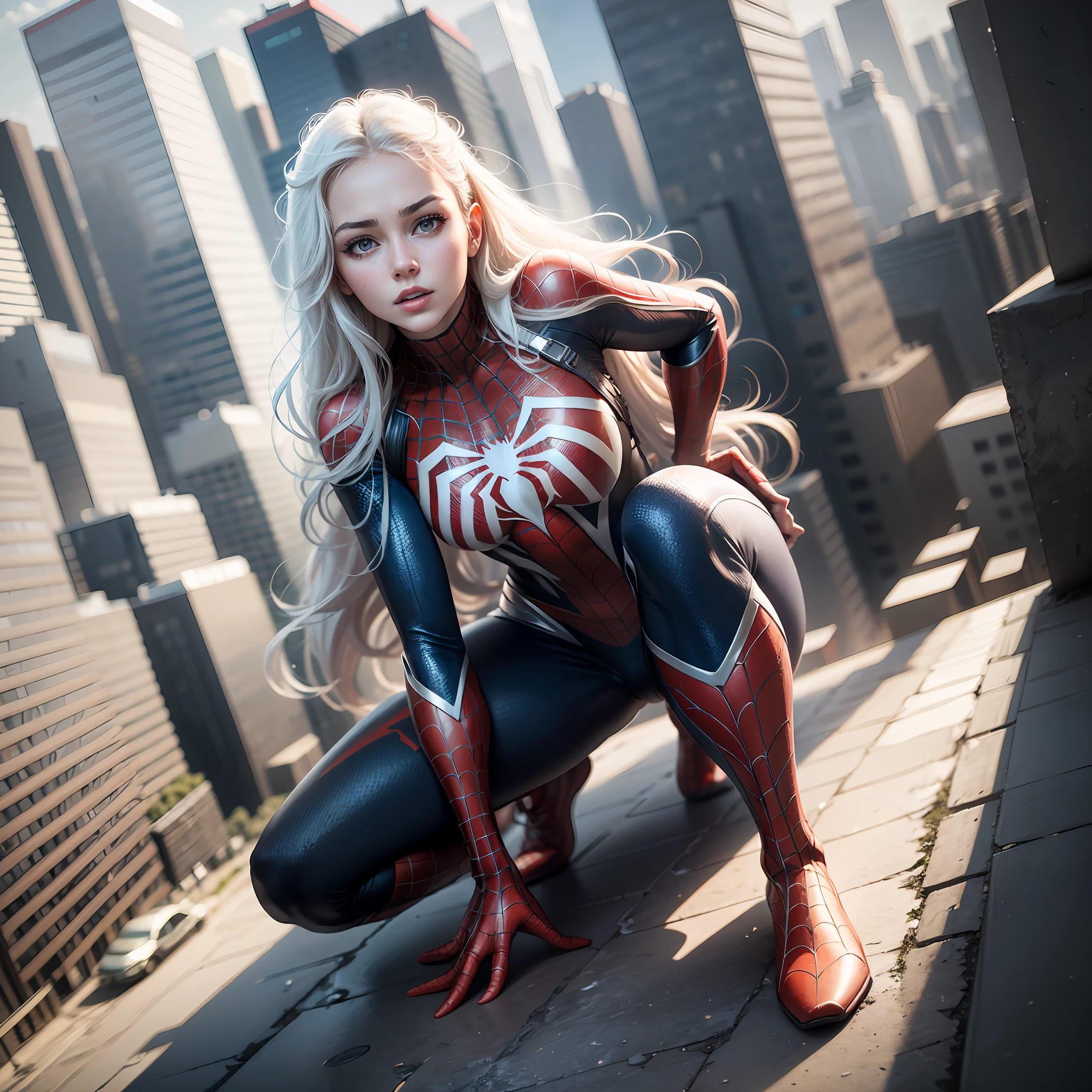 4k, realistic, carismatic, very detail, there is a girl on top city, wearing spiderman costum, she is a spiderman, white super hero theme, white long hair, 25 years old, full body