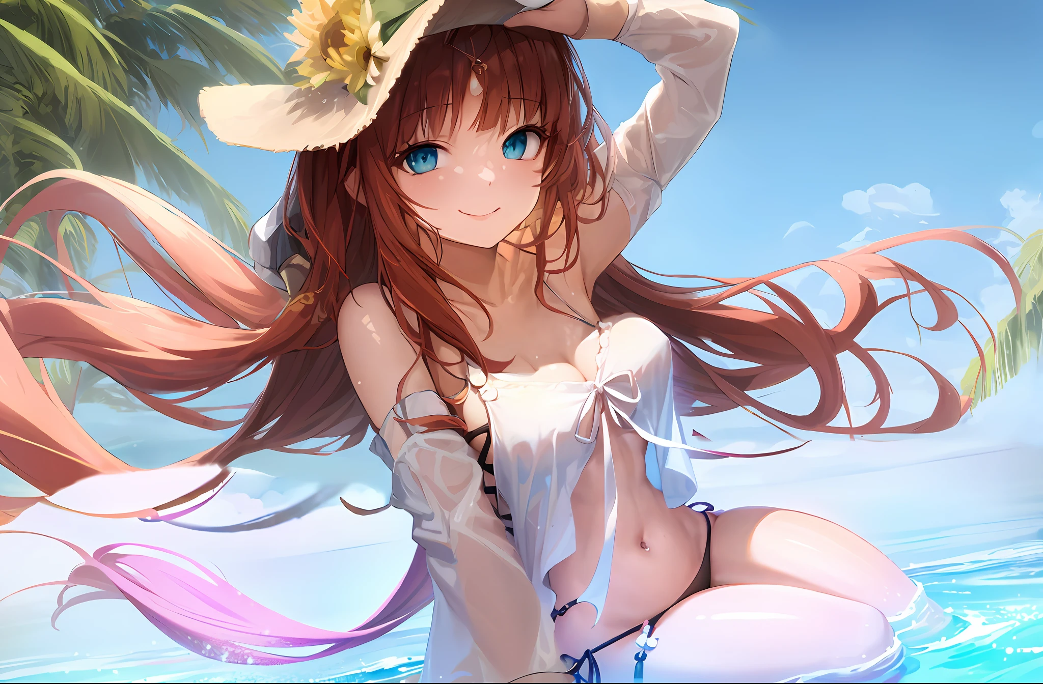 Anime girl in bikini and hat on beach, Beautiful anime girl, Cute anime Huaifu wearing sexy bikini，Naked of breast, pretty anime girl, attractive anime girls, 4K anime wallpaper, Beautiful anime woman, seductive anime girls, hd anime wallaper, Smooth anime CG art, Beautiful anime, Detailed digital anime art,  in white bikini, Anime art wallpaper 4 K --auto