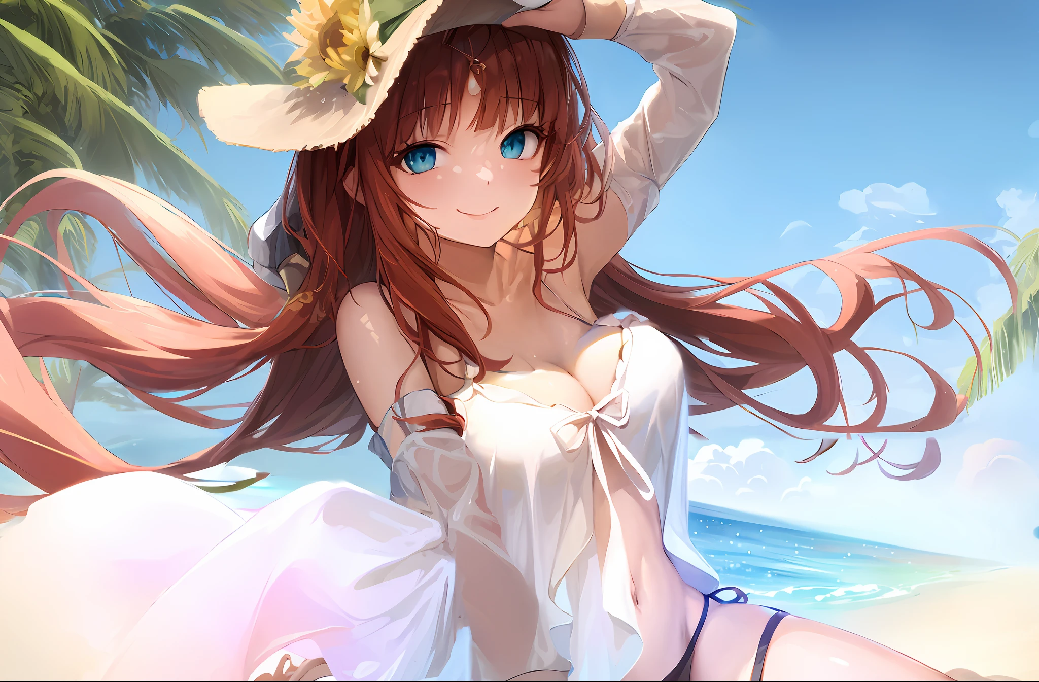 Anime girl in bikini and hat on beach, Beautiful anime girl, Cute anime Huaifu wearing sexy bikini，Naked of breast, pretty anime girl, attractive anime girls, 4K anime wallpaper, Beautiful anime woman, seductive anime girls, hd anime wallaper, Smooth anime CG art, Beautiful anime, Detailed digital anime art, Loli in white bikini, Anime art wallpaper 4 K --auto