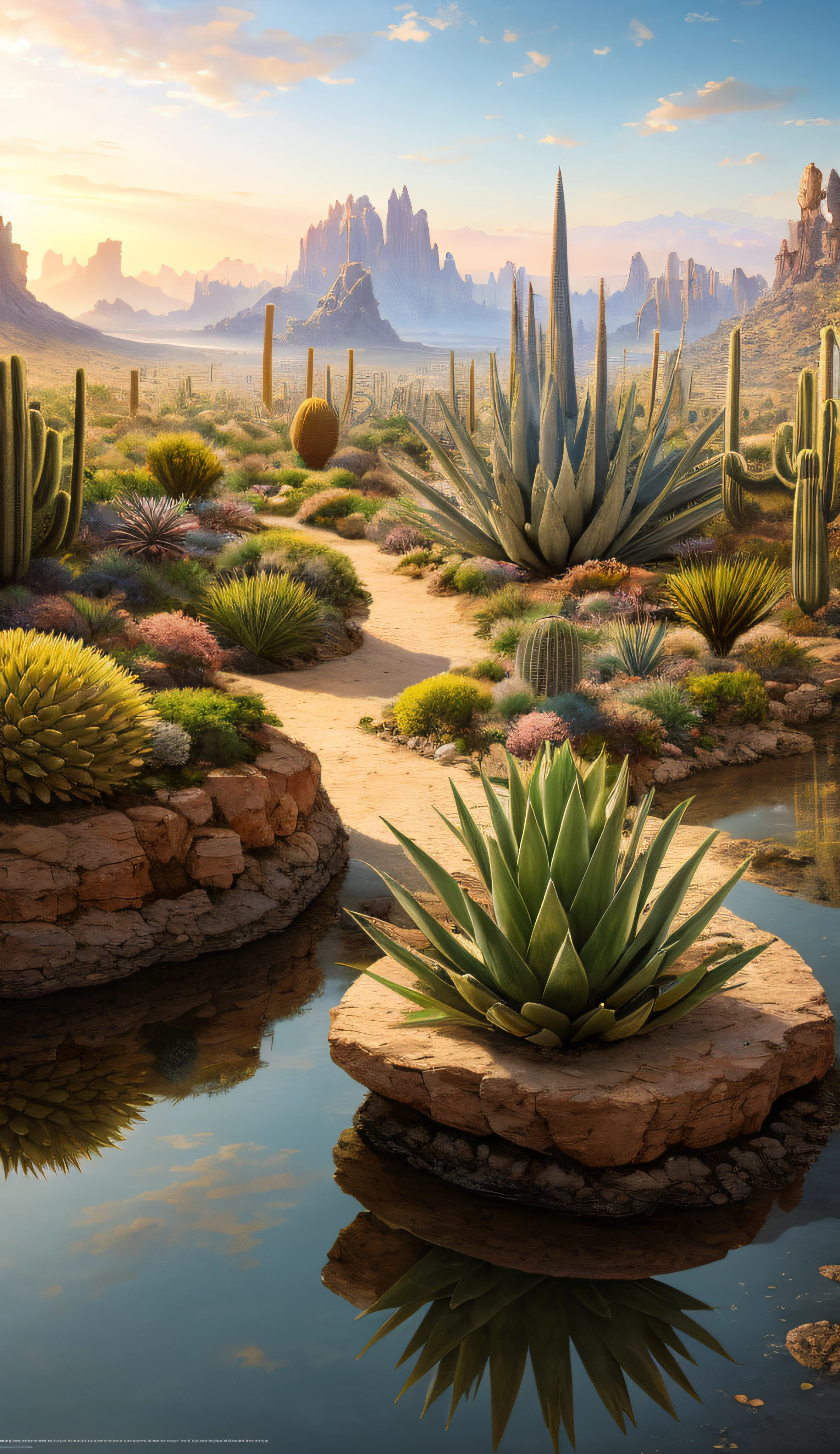 ((masterpiece)), best quality, high quality, ((very detailed CG unity 8k wallpaper)), (fantasy), dry place like empty desert, dear, watch from higher mountains, ((giant agave titanota)), wild plants, foxy, , Mono Lake, hackberry, 3D Digital Paintings, award winning photography, Bokeh, Depth of Field, HDR, bloom, less cactus, Chromatic Aberration , Photorealistic, extremely detailed, trending on artstation, trending on CGsociety, Intricate, High Detail, Dramatic, Halfway Art,